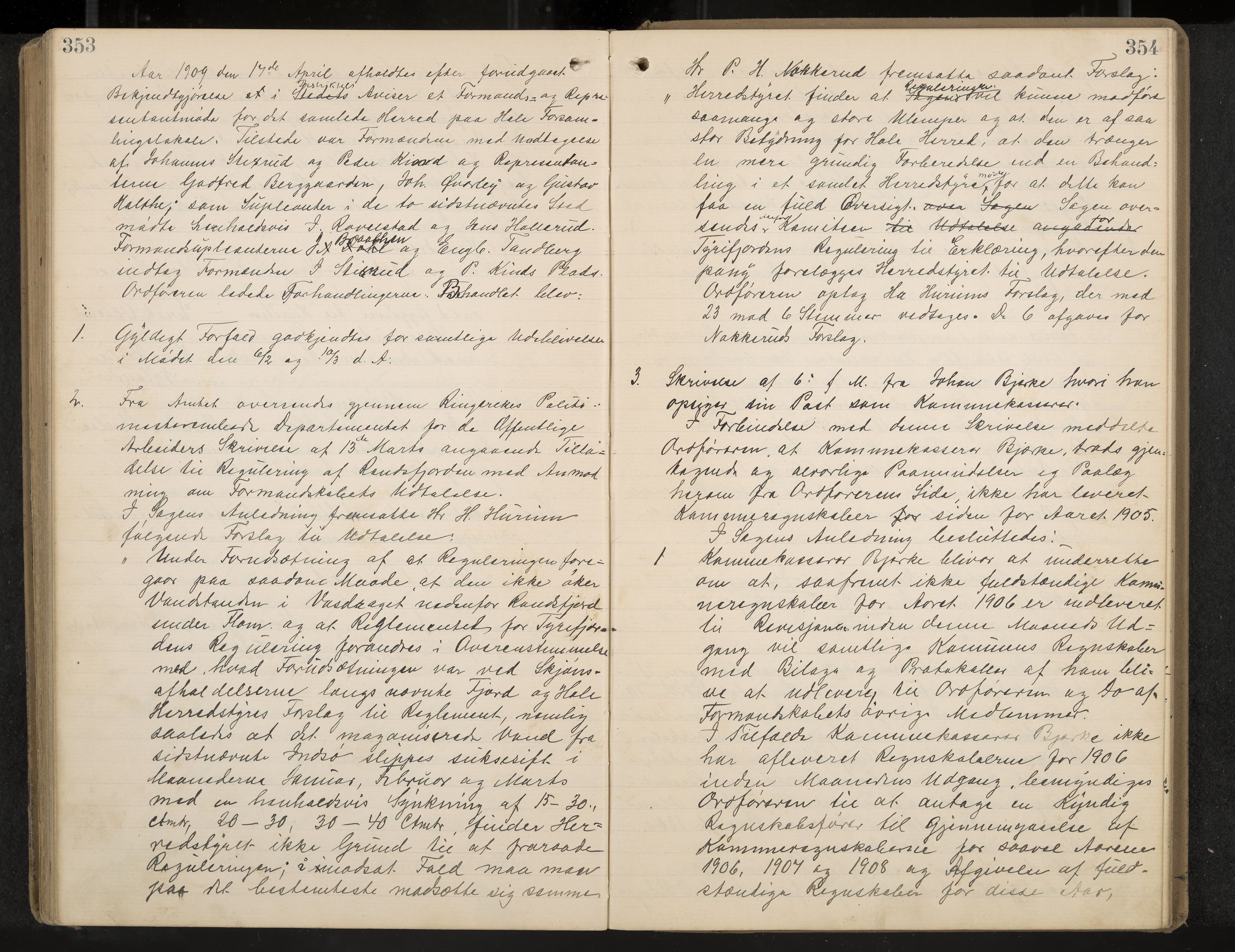 Hole formannskap og sentraladministrasjon, IKAK/0612021-1/A/Aa/L0004: Møtebok med register, 1902-1910, p. 353-354