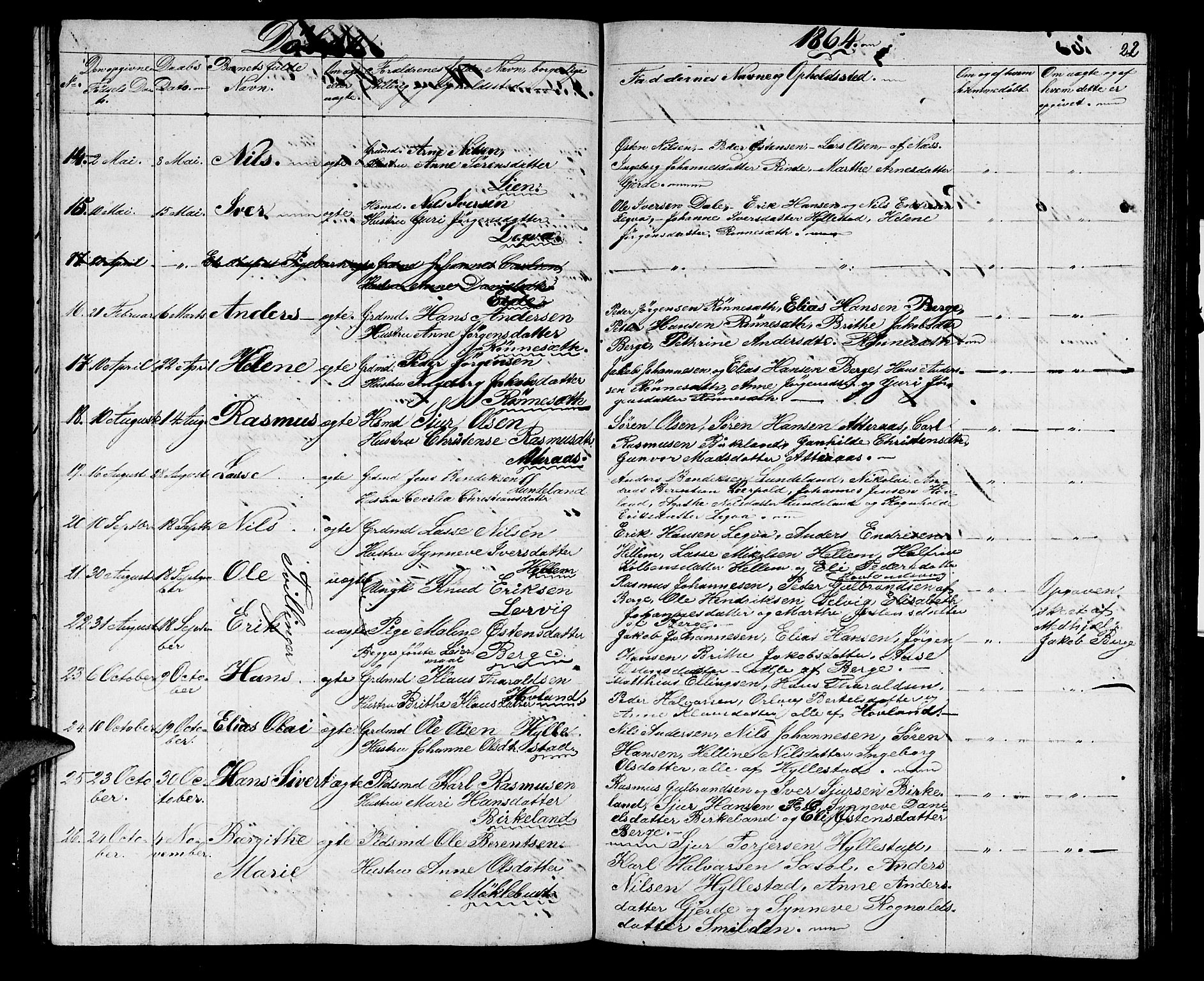 Hyllestad sokneprestembete, AV/SAB-A-80401: Parish register (copy) no. A 1, 1853-1875, p. 22