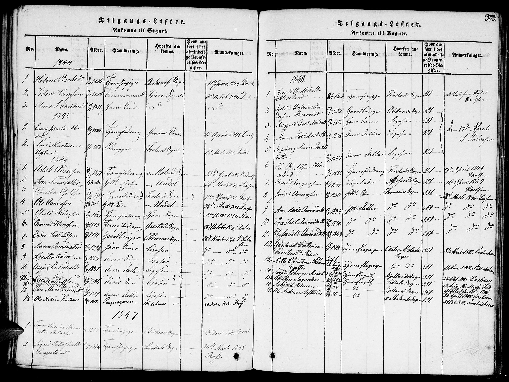 Hommedal sokneprestkontor, SAK/1111-0023/F/Fa/Fab/L0003: Parish register (official) no. A 3, 1815-1848, p. 303