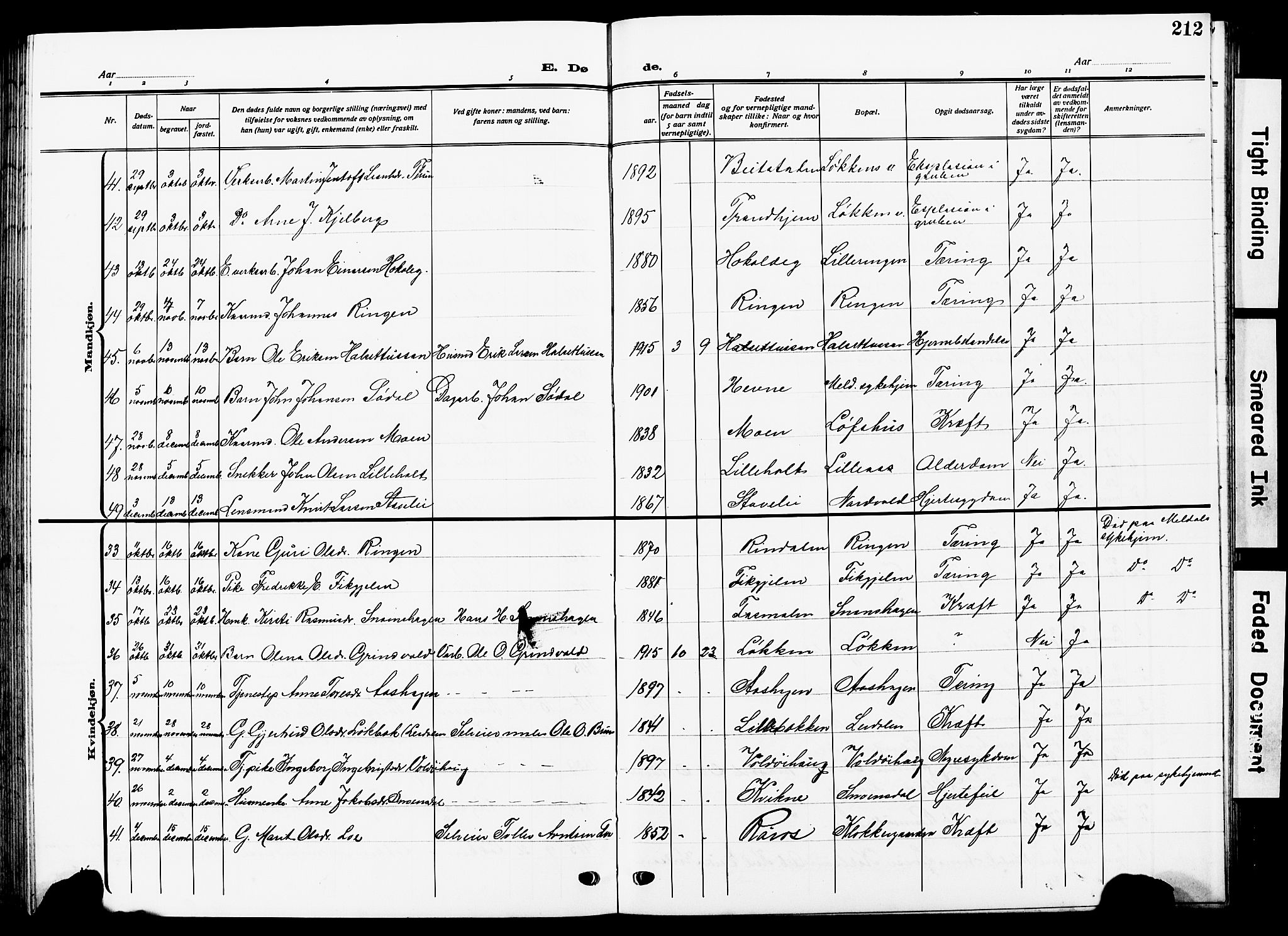 Ministerialprotokoller, klokkerbøker og fødselsregistre - Sør-Trøndelag, SAT/A-1456/672/L0865: Parish register (copy) no. 672C04, 1914-1928, p. 212