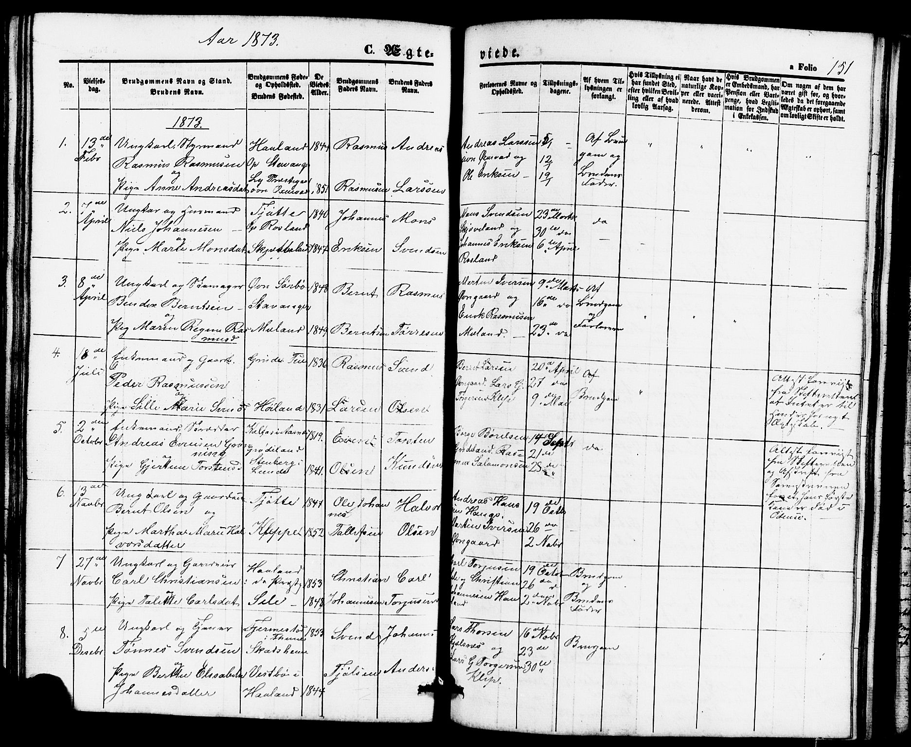 Klepp sokneprestkontor, AV/SAST-A-101803/001/3/30BB/L0002: Parish register (copy) no. B 2, 1860-1875, p. 151