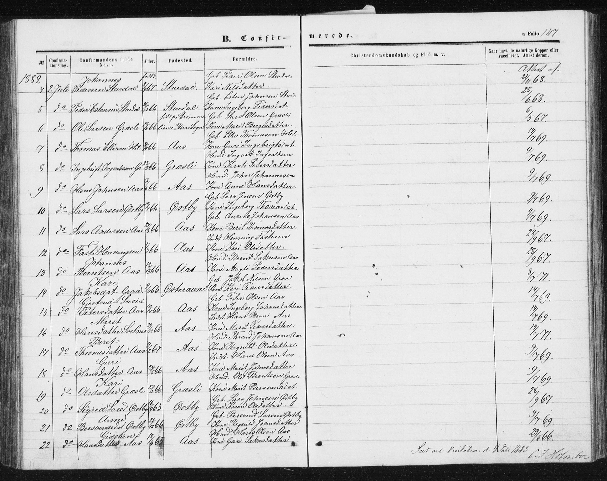 Ministerialprotokoller, klokkerbøker og fødselsregistre - Sør-Trøndelag, SAT/A-1456/698/L1166: Parish register (copy) no. 698C03, 1861-1887, p. 147