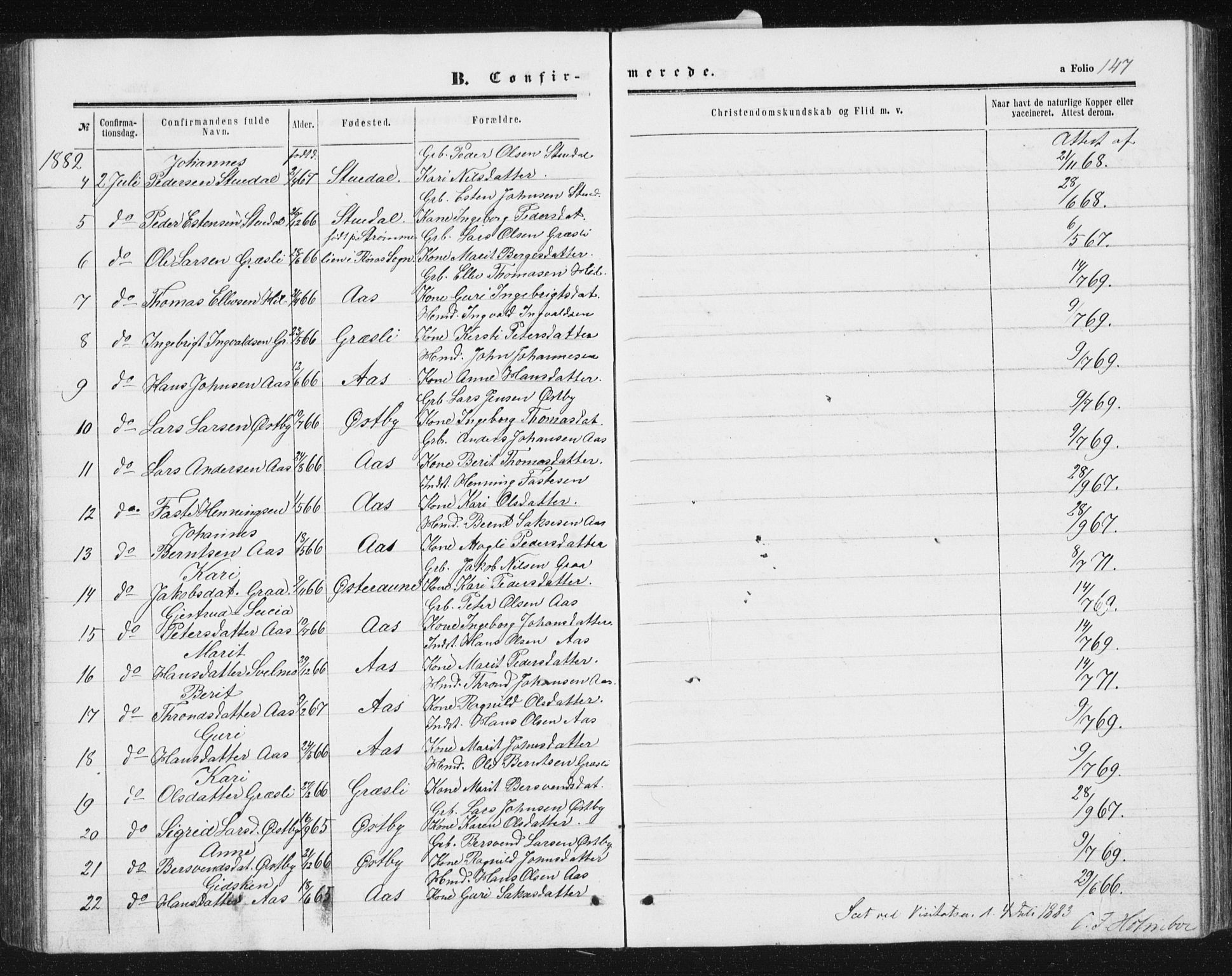 Ministerialprotokoller, klokkerbøker og fødselsregistre - Sør-Trøndelag, AV/SAT-A-1456/698/L1166: Parish register (copy) no. 698C03, 1861-1887, p. 147