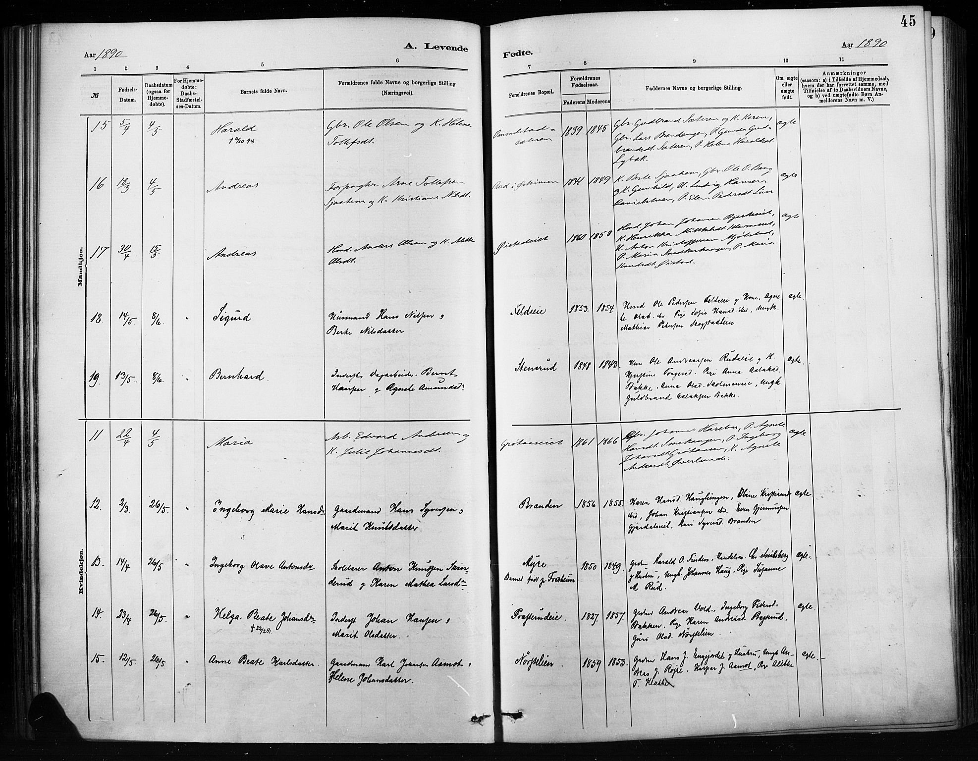 Nordre Land prestekontor, AV/SAH-PREST-124/H/Ha/Haa/L0004: Parish register (official) no. 4, 1882-1896, p. 45