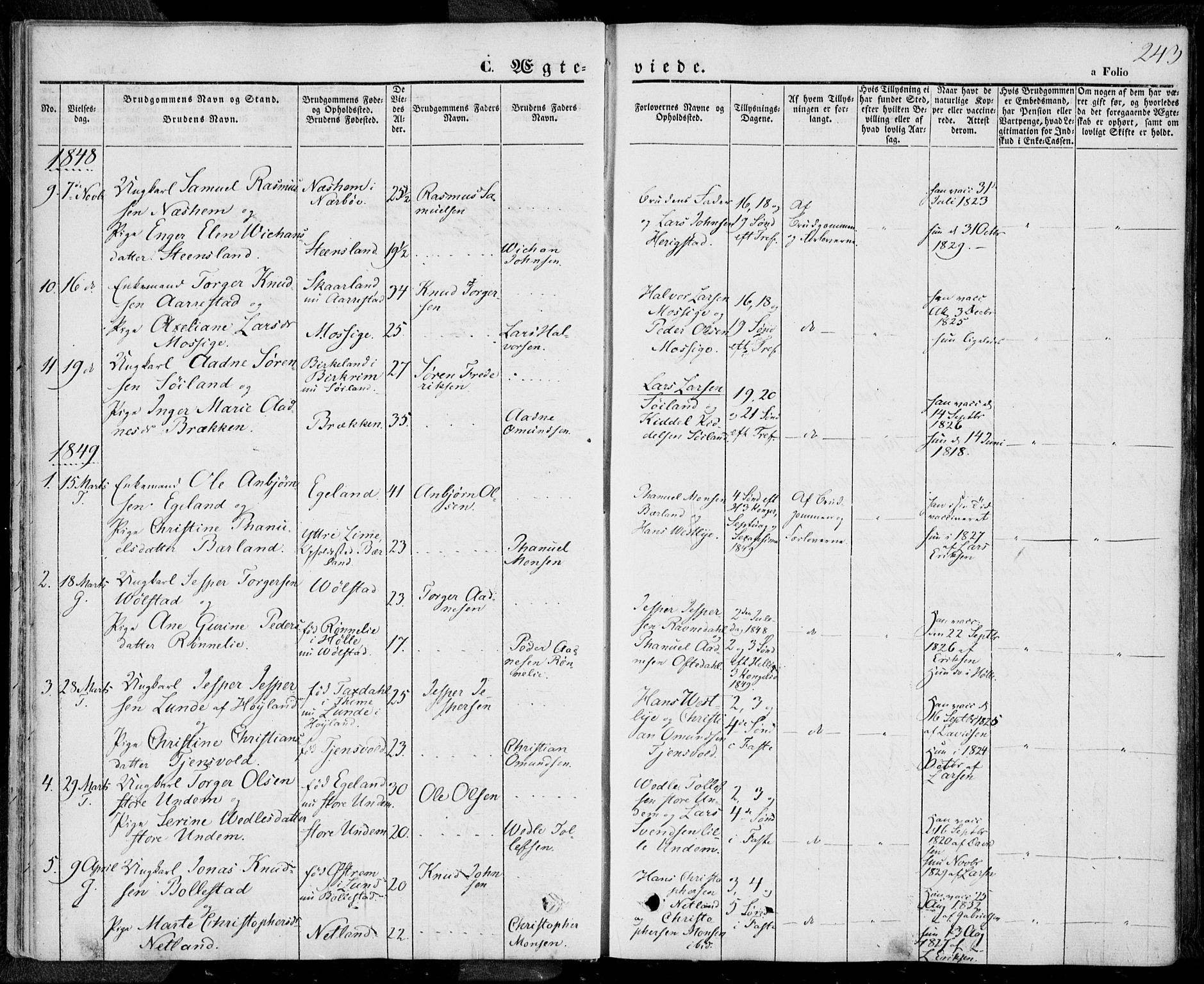 Lye sokneprestkontor, SAST/A-101794/001/30BA/L0006: Parish register (official) no. A 5.2, 1842-1855, p. 243