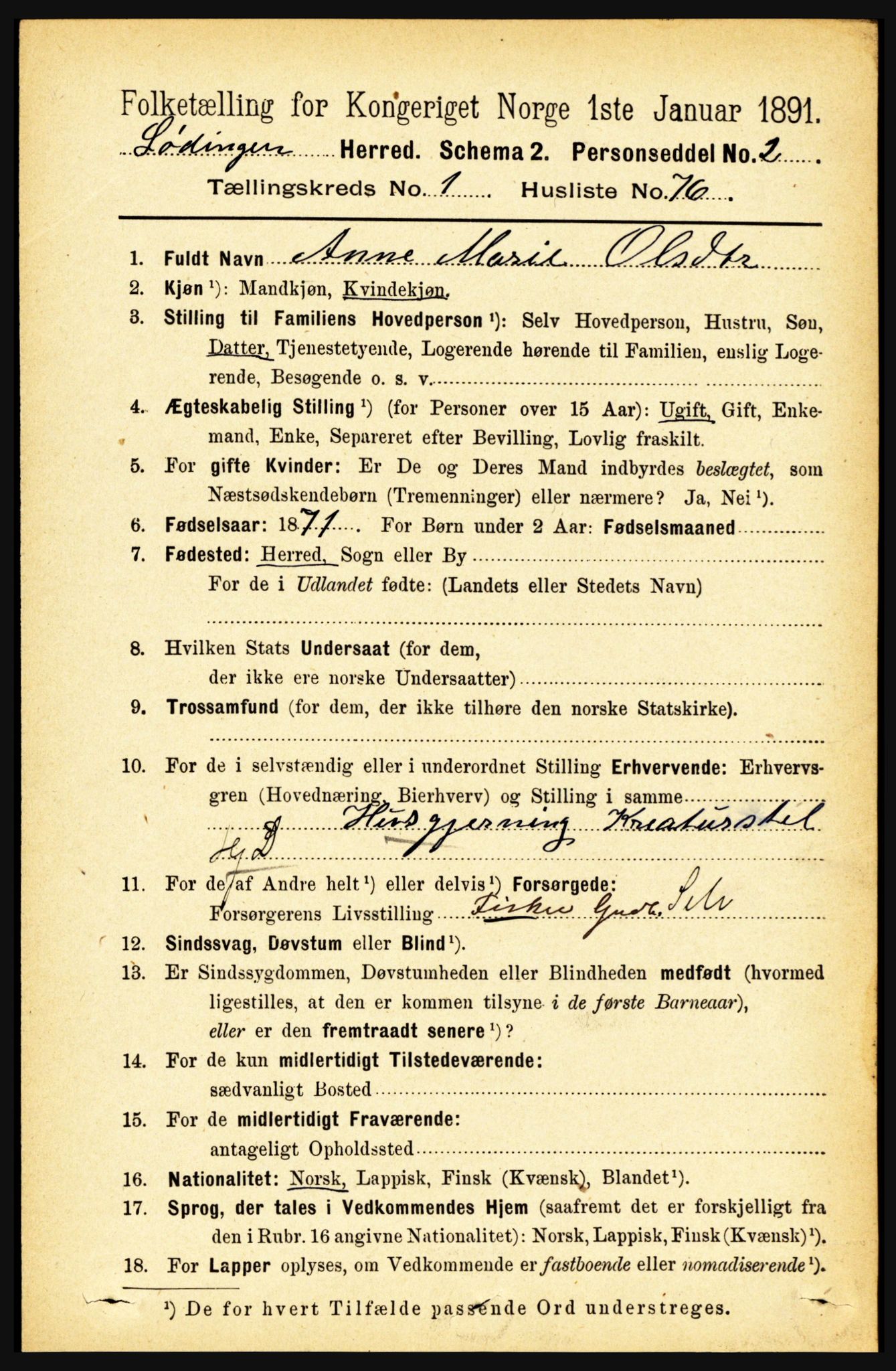 RA, 1891 census for 1851 Lødingen, 1891, p. 634