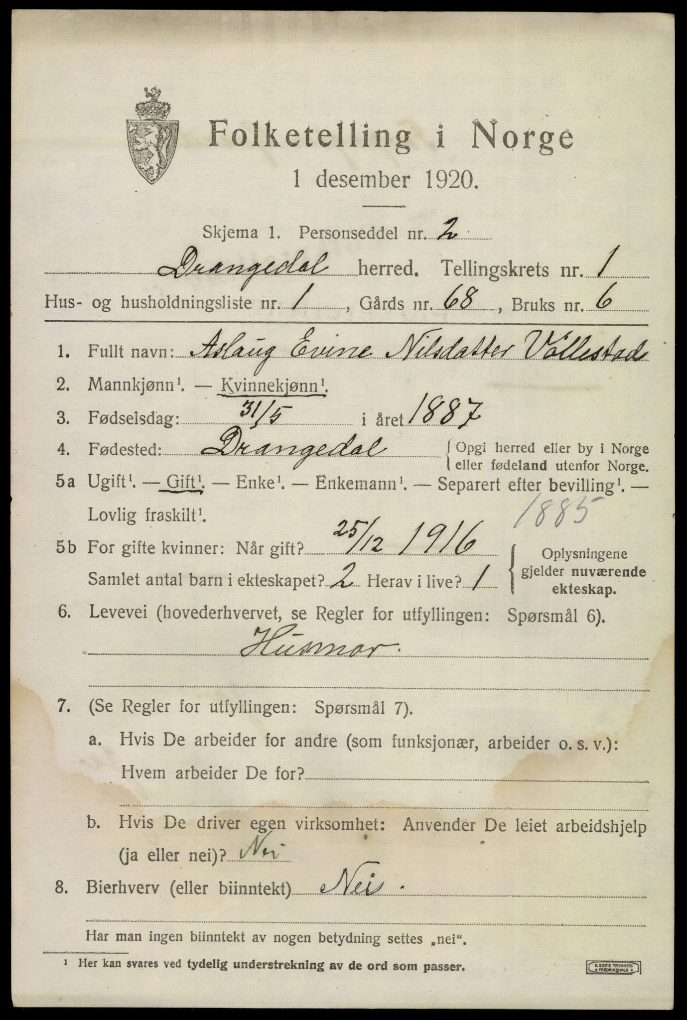 SAKO, 1920 census for Drangedal, 1920, p. 1663