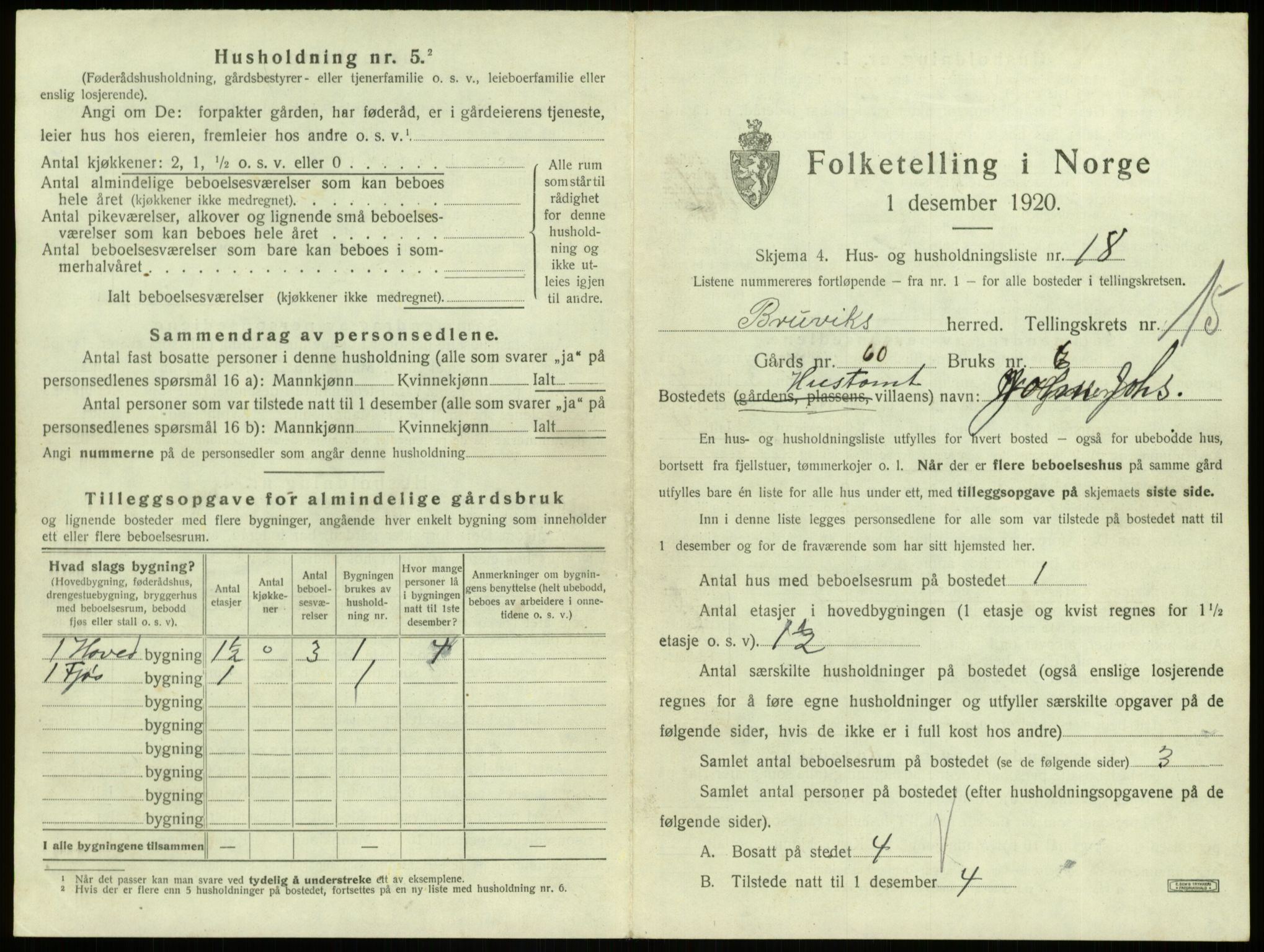 SAB, 1920 census for Bruvik, 1920, p. 1053