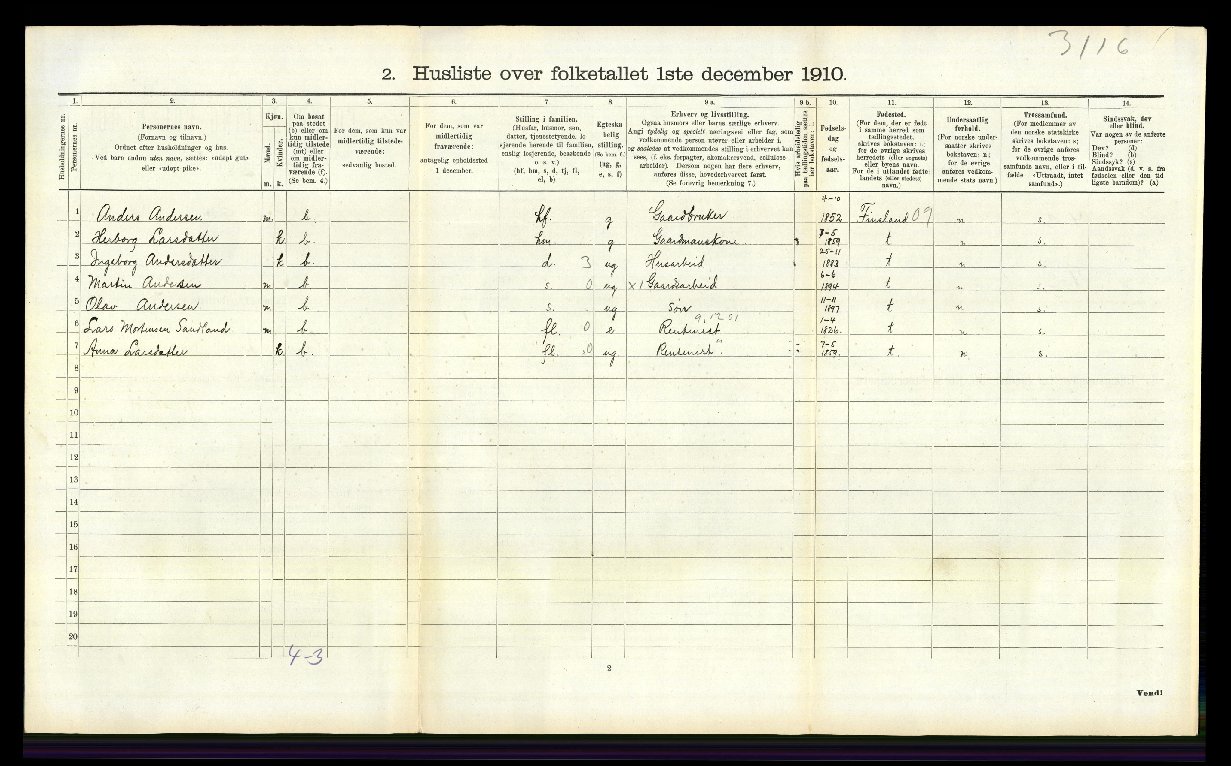 RA, 1910 census for Hægeland, 1910, p. 123