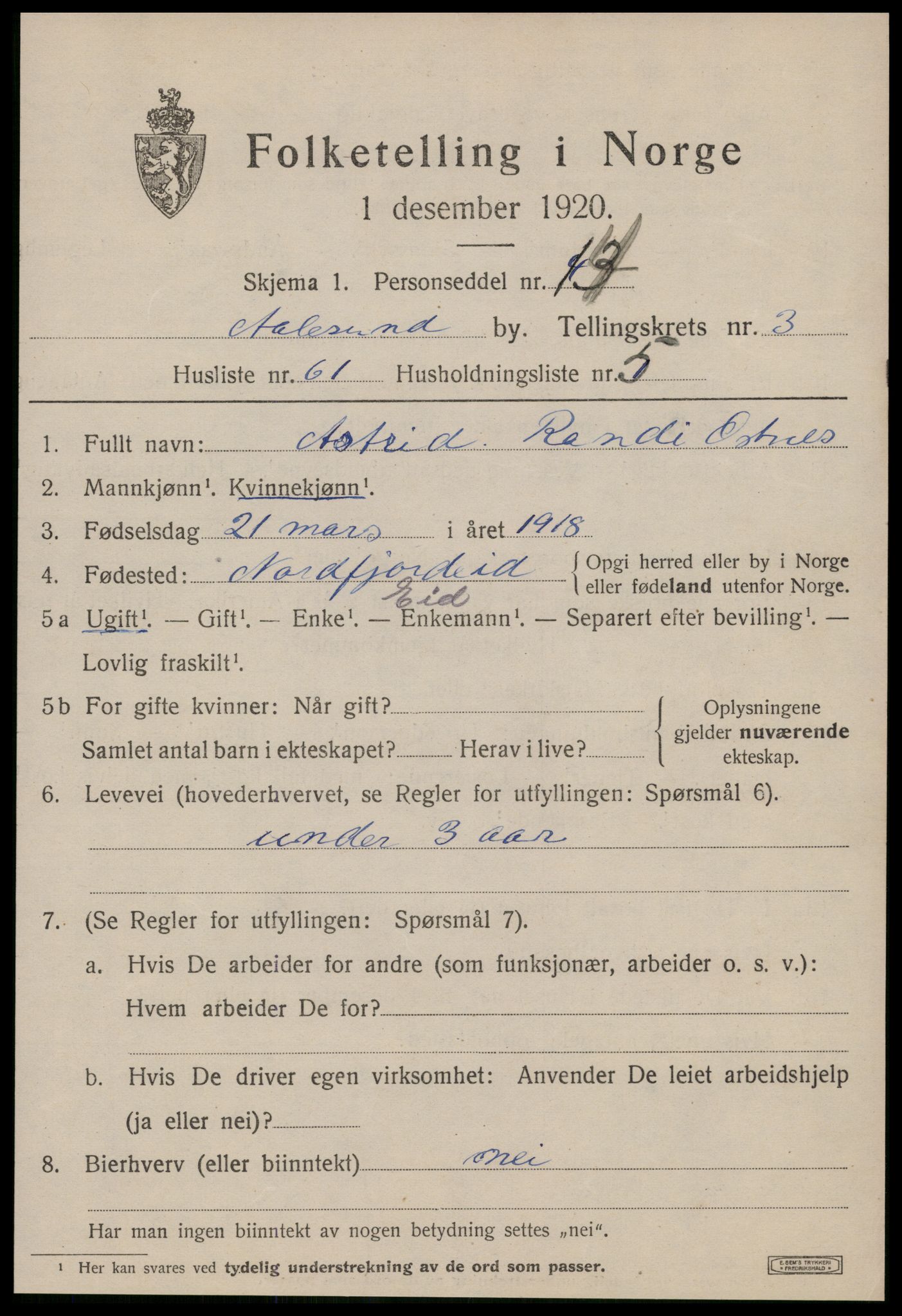 SAT, 1920 census for Ålesund, 1920, p. 14342