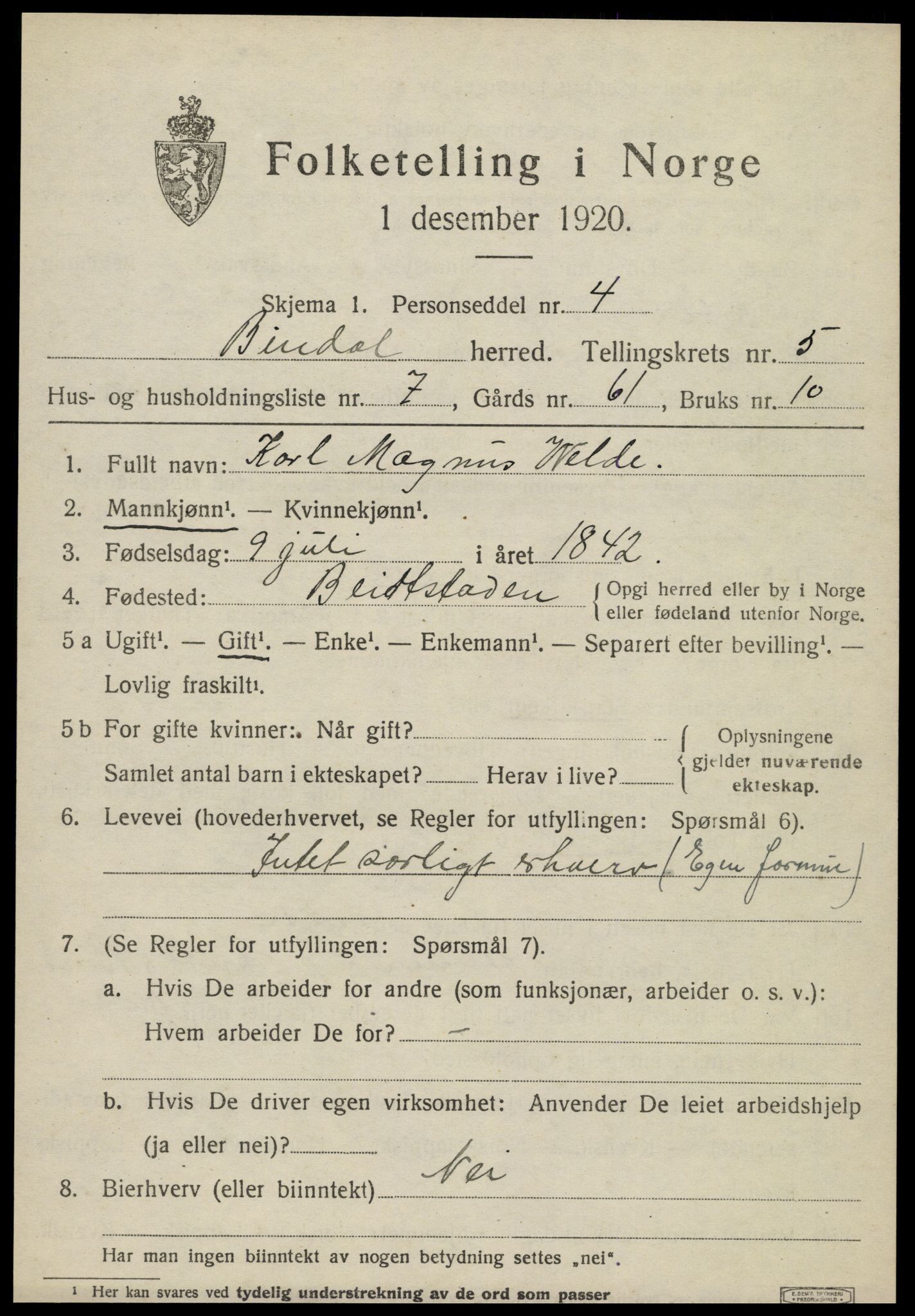 SAT, 1920 census for Bindal, 1920, p. 3923