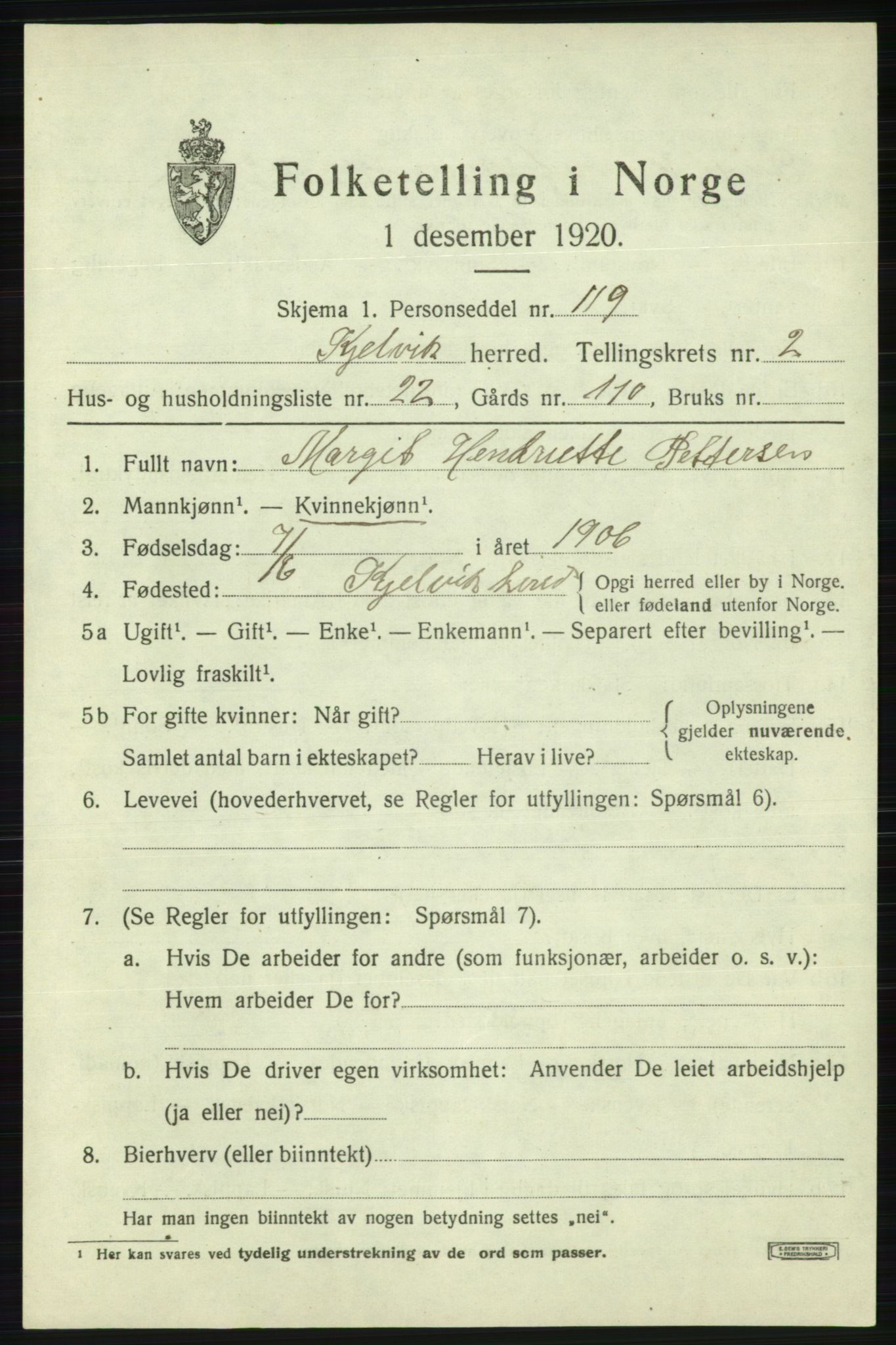 SATØ, 1920 census for Kjelvik, 1920, p. 1623