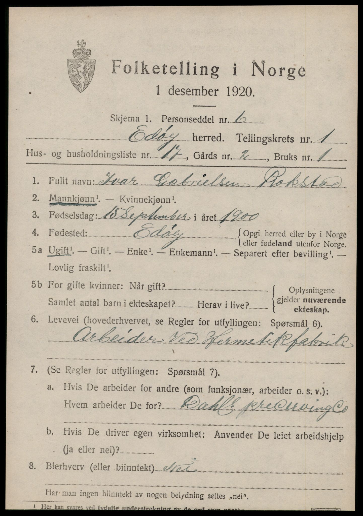 SAT, 1920 census for Edøy, 1920, p. 572