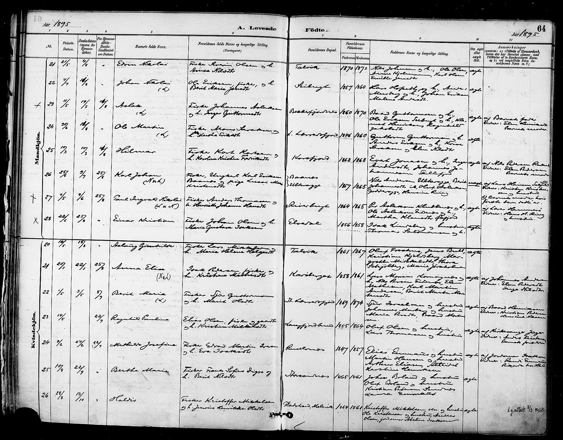 Talvik sokneprestkontor, AV/SATØ-S-1337/H/Ha/L0013kirke: Parish register (official) no. 13, 1886-1897, p. 64