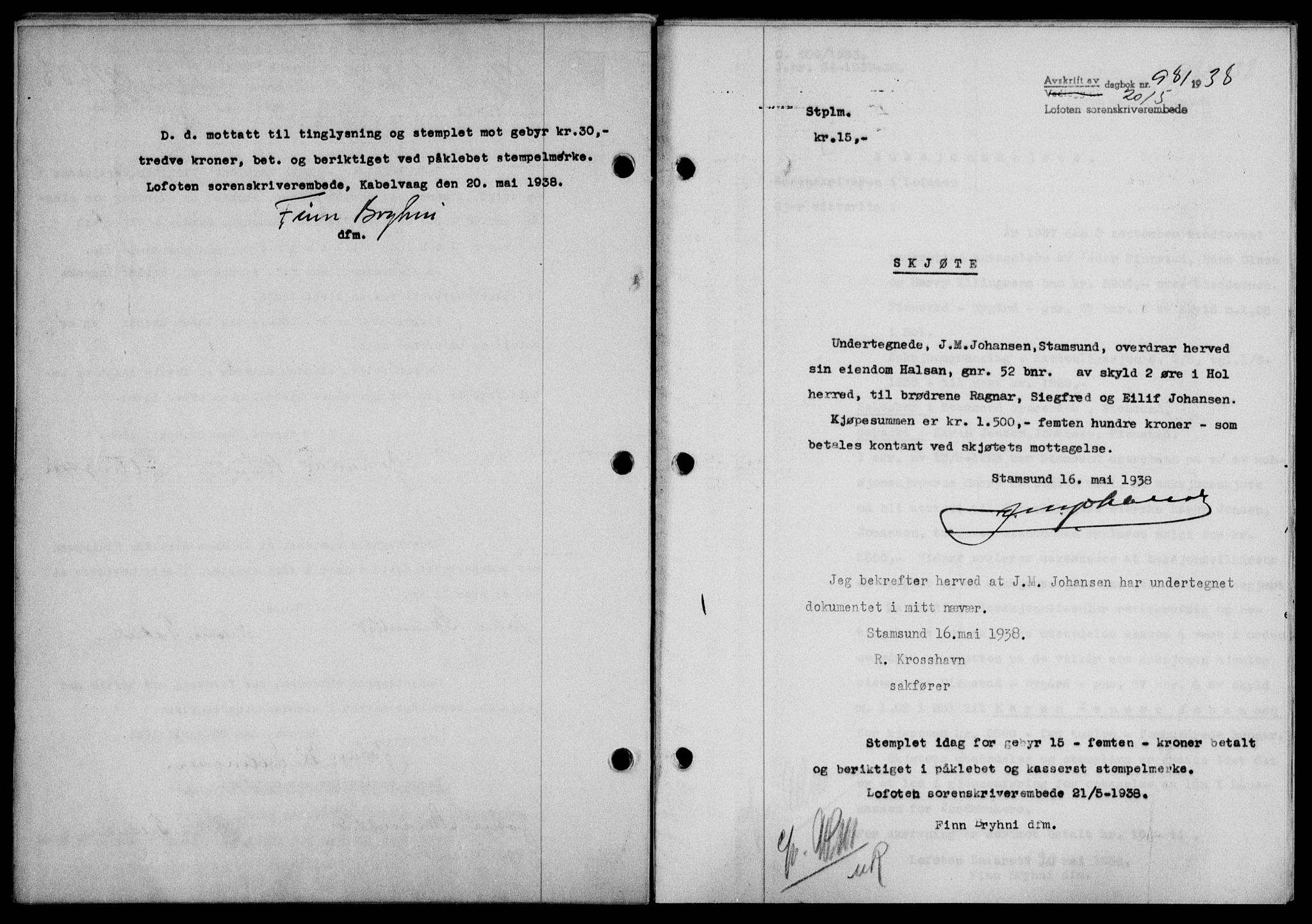 Lofoten sorenskriveri, SAT/A-0017/1/2/2C/L0004a: Mortgage book no. 4a, 1938-1938, Diary no: : 981/1938