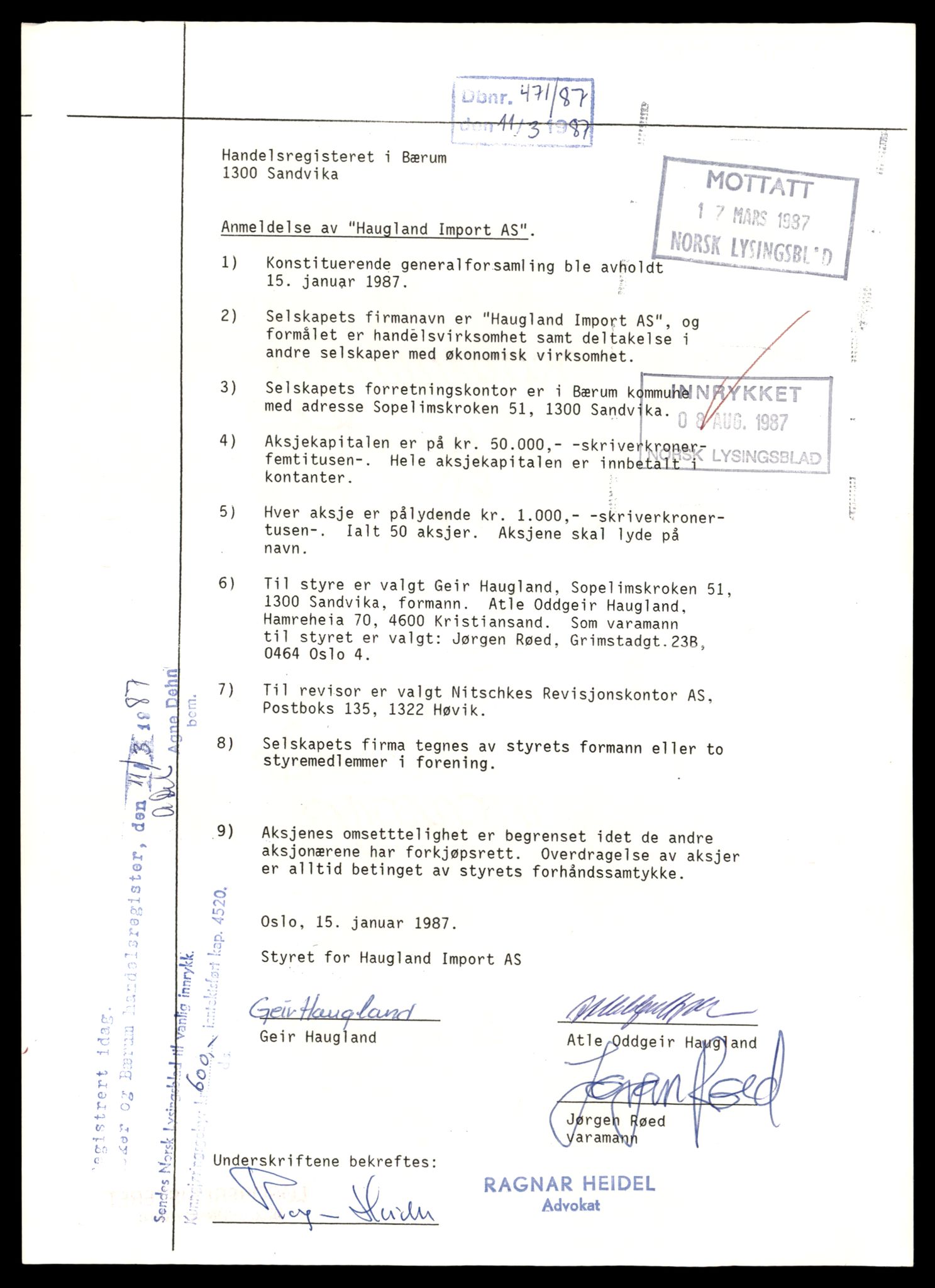 Asker og Bærum tingrett, SAT/A-10379/K/Kb/Kbb/L0089: Aksjeselskap og andelslag i Bærum, Haugl - Helg, 1944-1989, p. 3