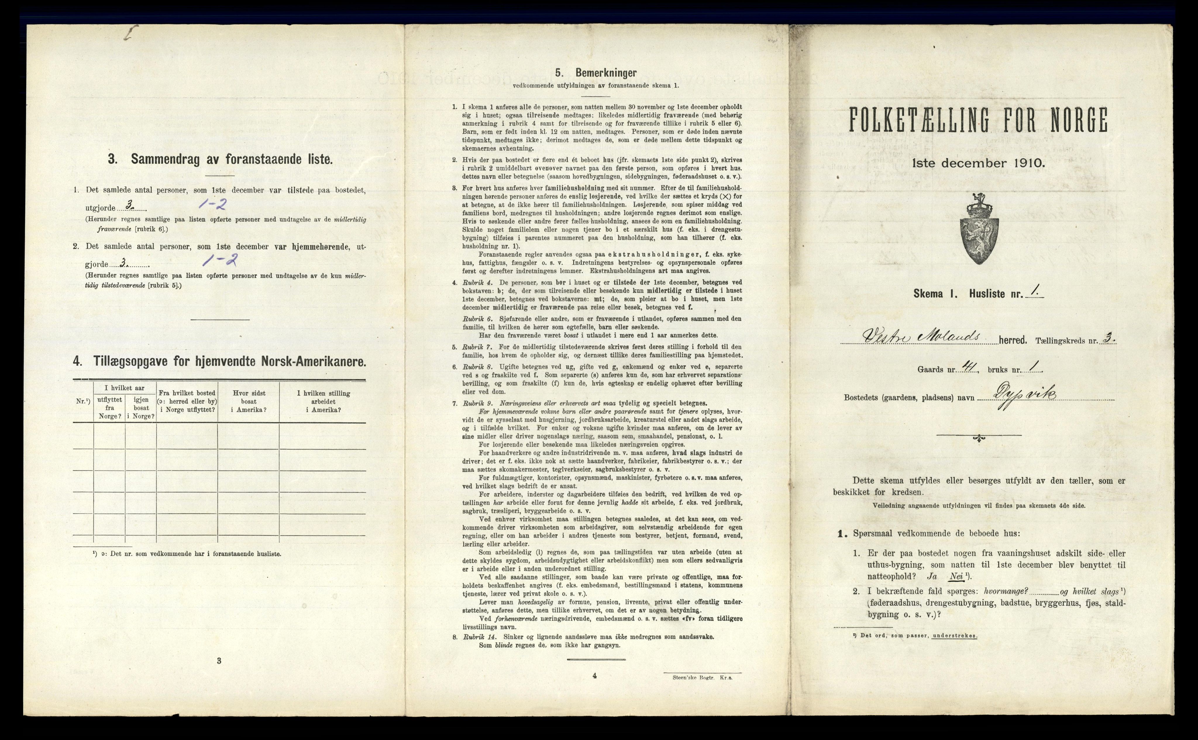 RA, 1910 census for Vestre Moland, 1910, p. 506