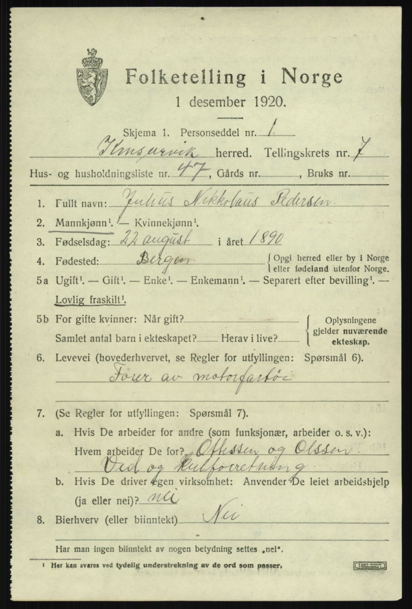 SAB, 1920 census for Kinsarvik, 1920, p. 3588