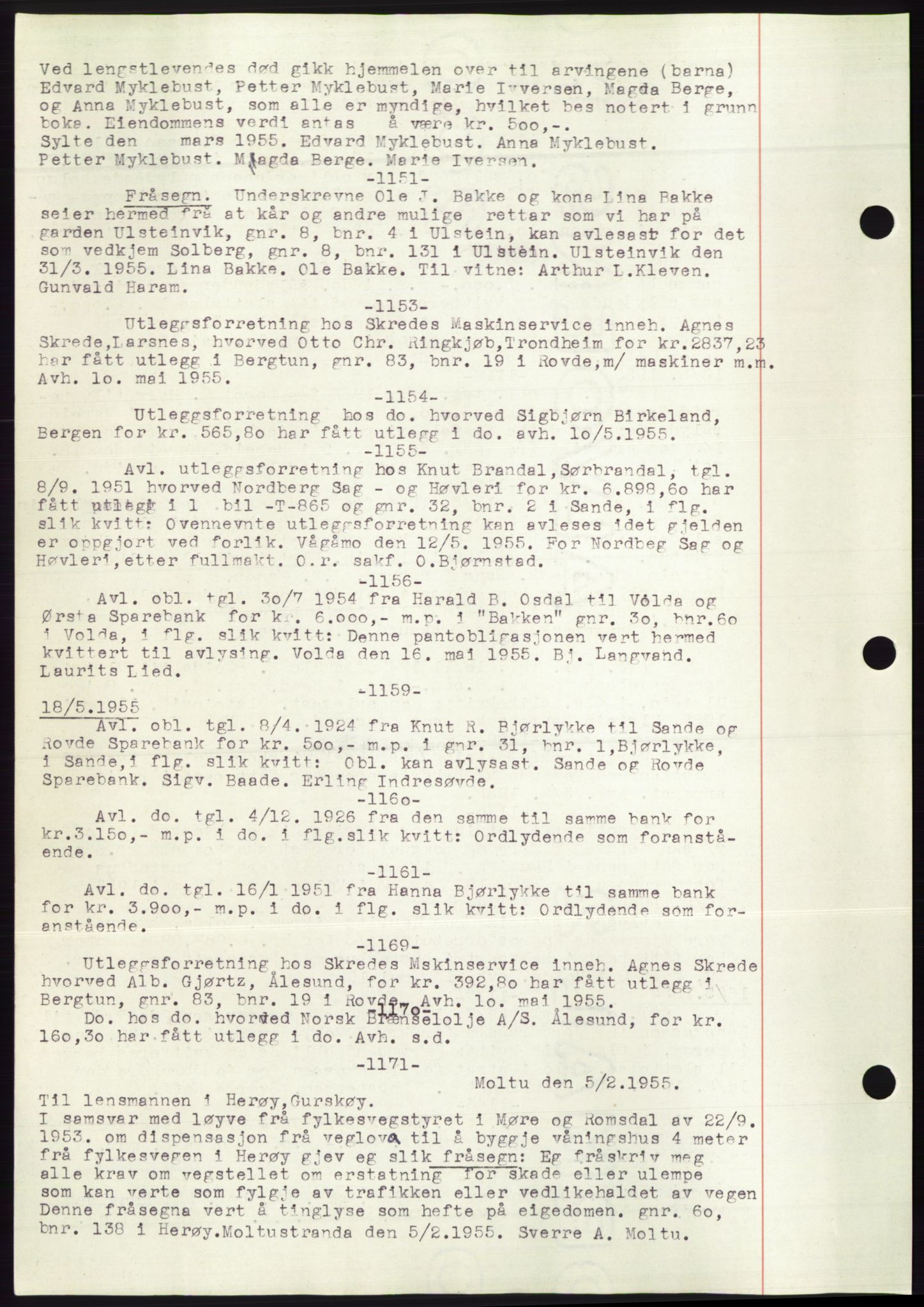Søre Sunnmøre sorenskriveri, AV/SAT-A-4122/1/2/2C/L0072: Mortgage book no. 66, 1941-1955, Diary no: : 1151/1955