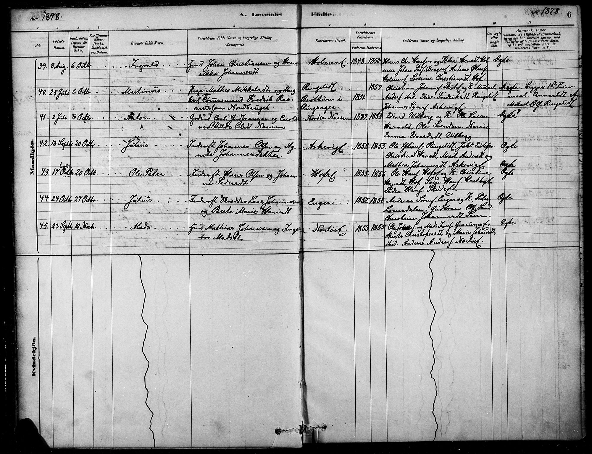 Søndre Land prestekontor, SAH/PREST-122/K/L0003: Parish register (official) no. 3, 1878-1894, p. 6