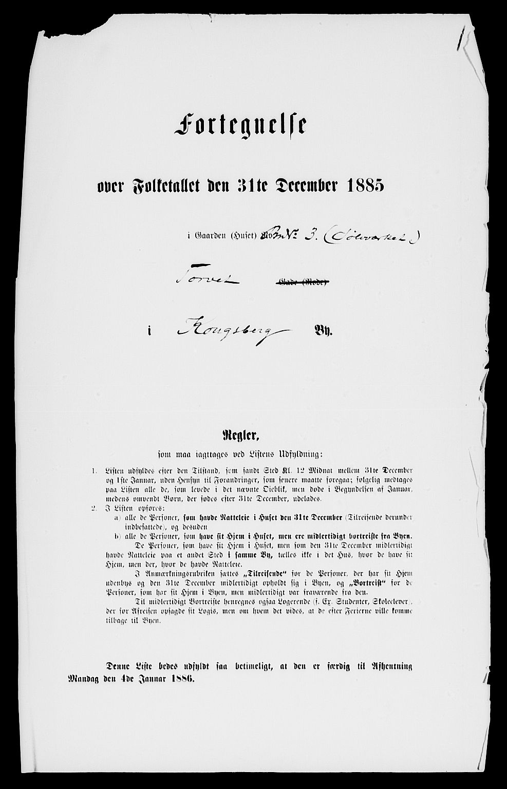 SAKO, 1885 census for 0604 Kongsberg, 1885, p. 3