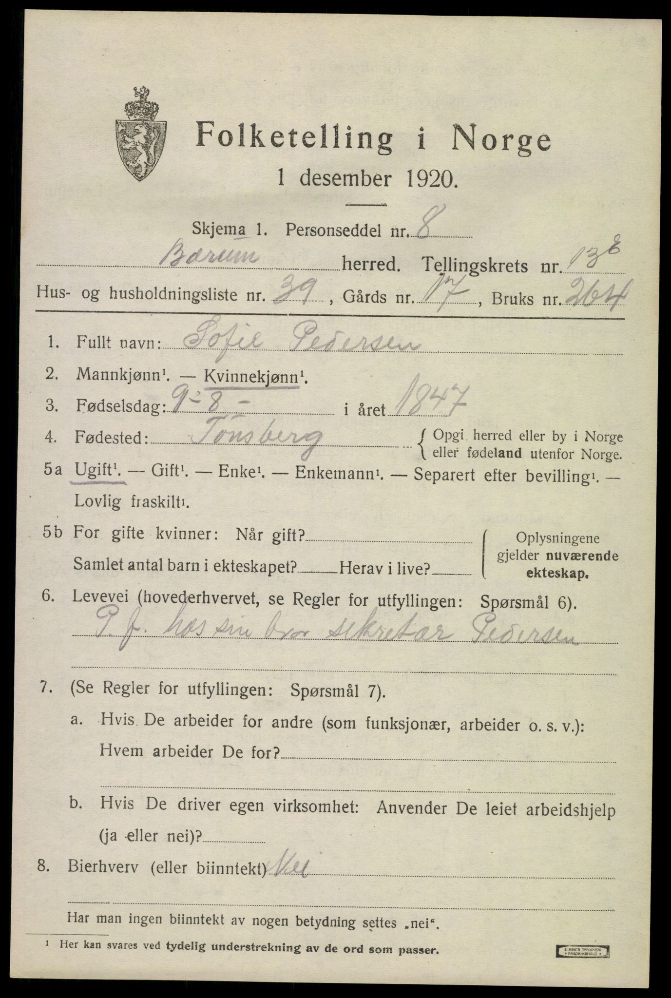 SAO, 1920 census for Bærum, 1920, p. 38330