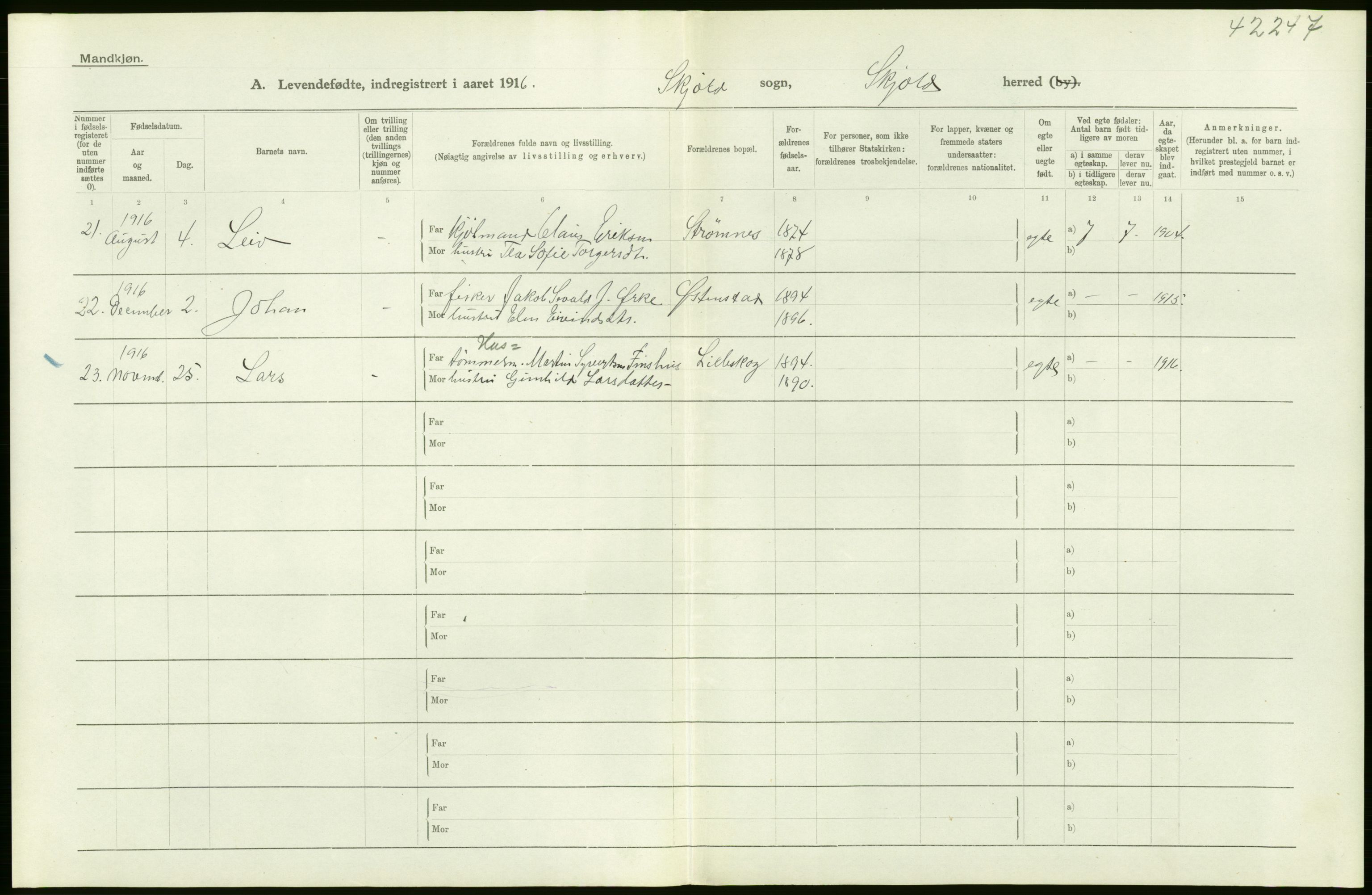 Statistisk sentralbyrå, Sosiodemografiske emner, Befolkning, AV/RA-S-2228/D/Df/Dfb/Dfbf/L0029: Stavanger amt: Levendefødte menn og kvinner. Bygder., 1916, p. 40