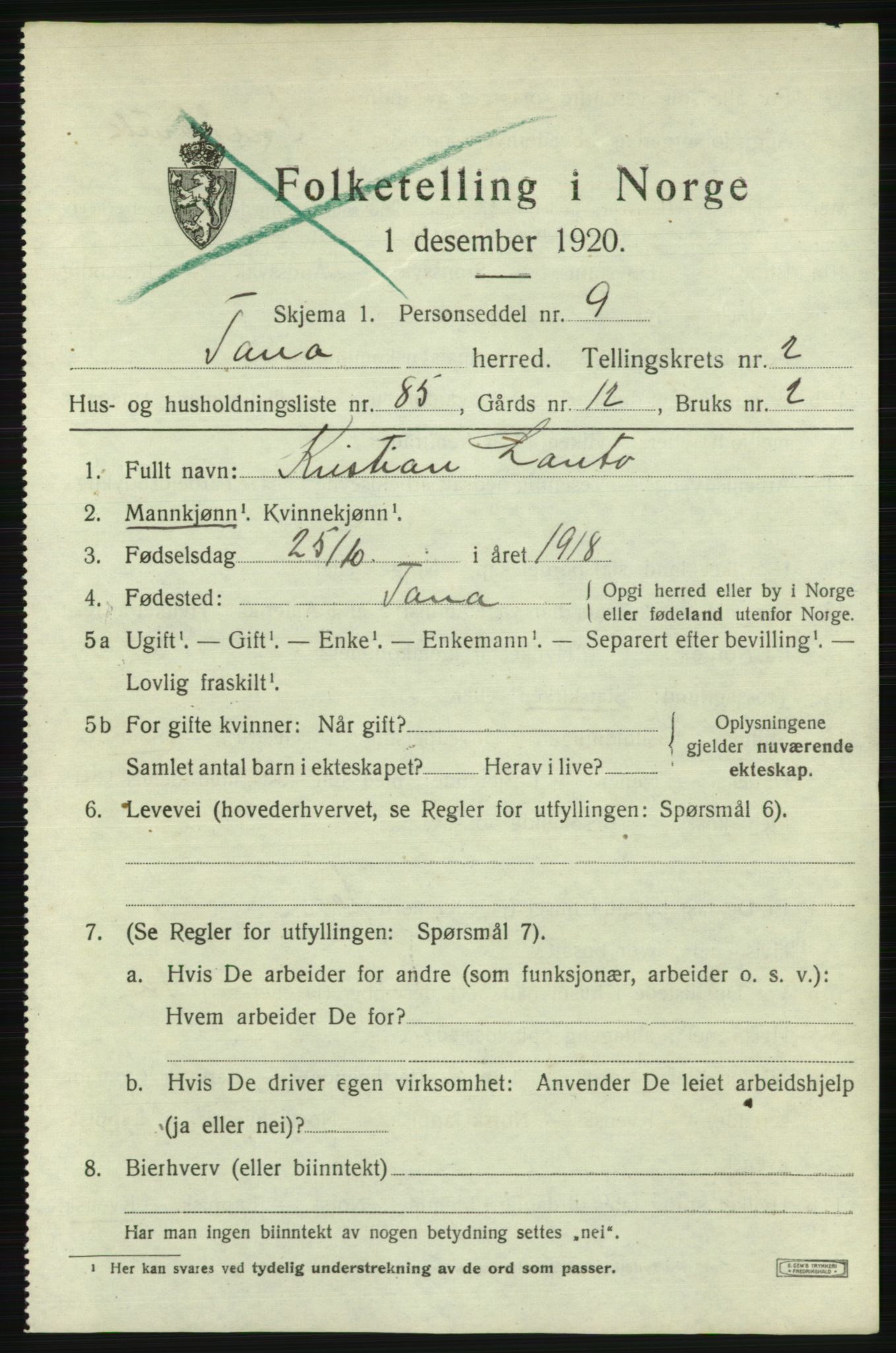 SATØ, 1920 census for Tana, 1920, p. 2346