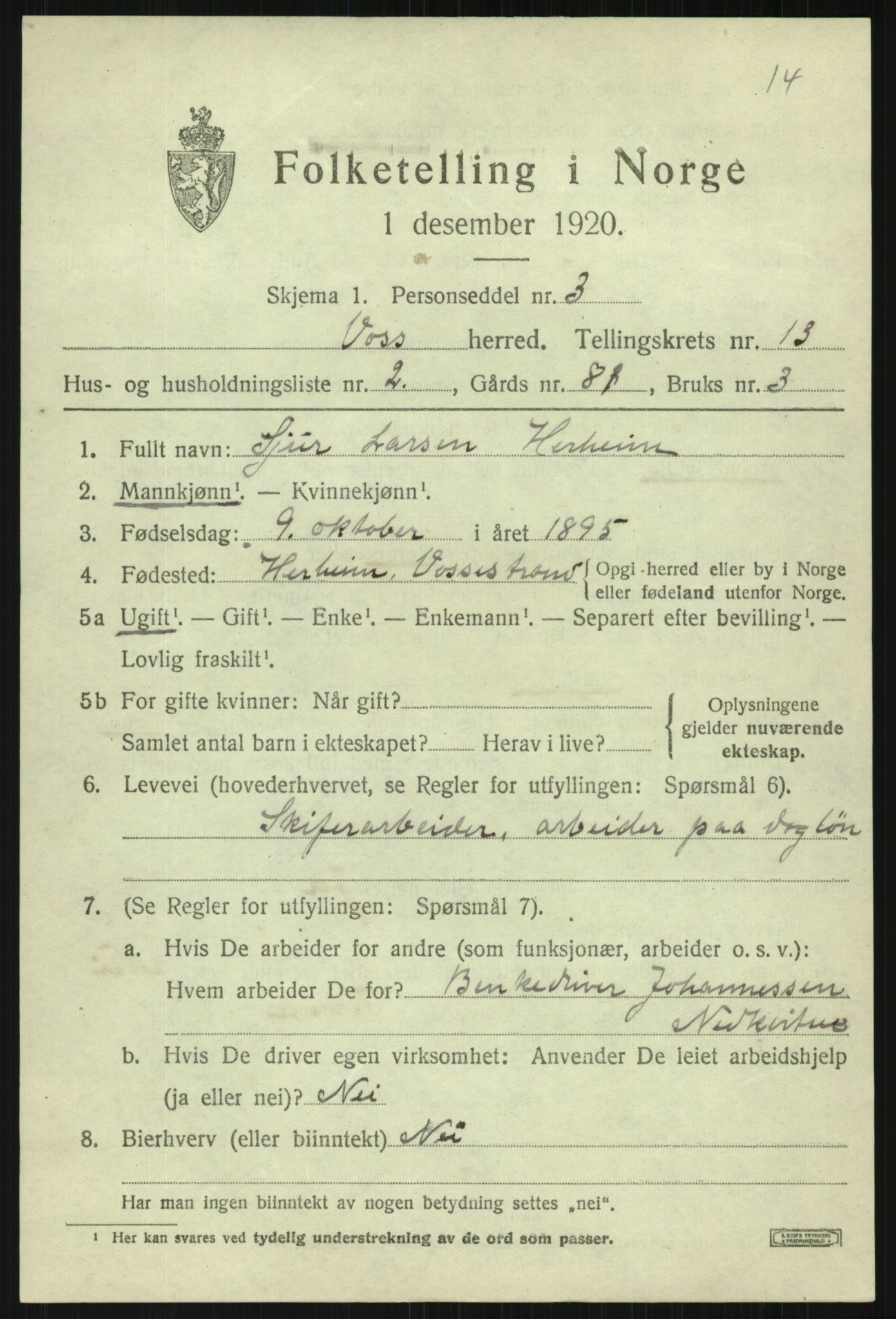 SAB, 1920 census for Voss, 1920, p. 11159