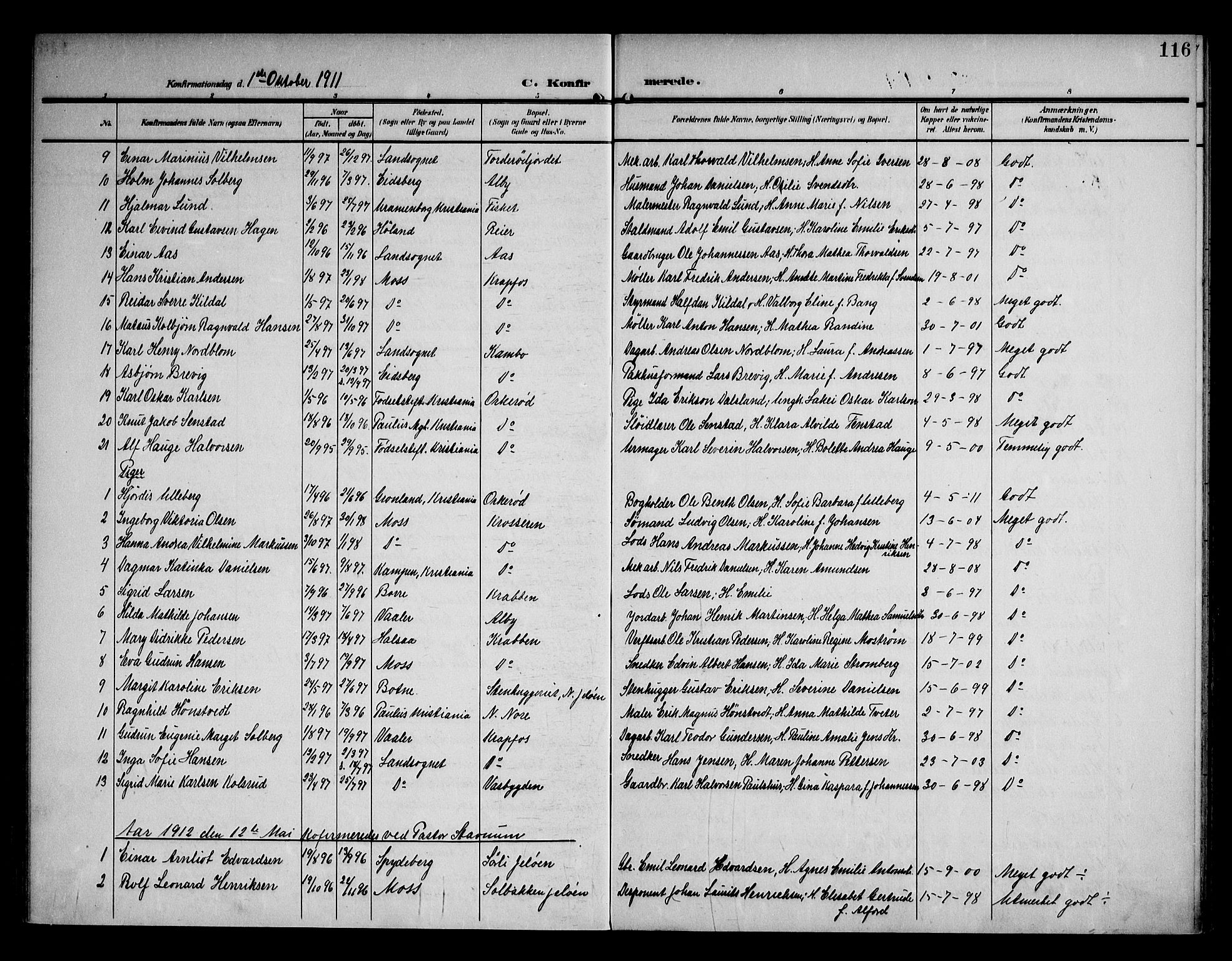 Moss prestekontor Kirkebøker, AV/SAO-A-2003/F/Fc/L0003: Parish register (official) no. III 3, 1906-1914, p. 116