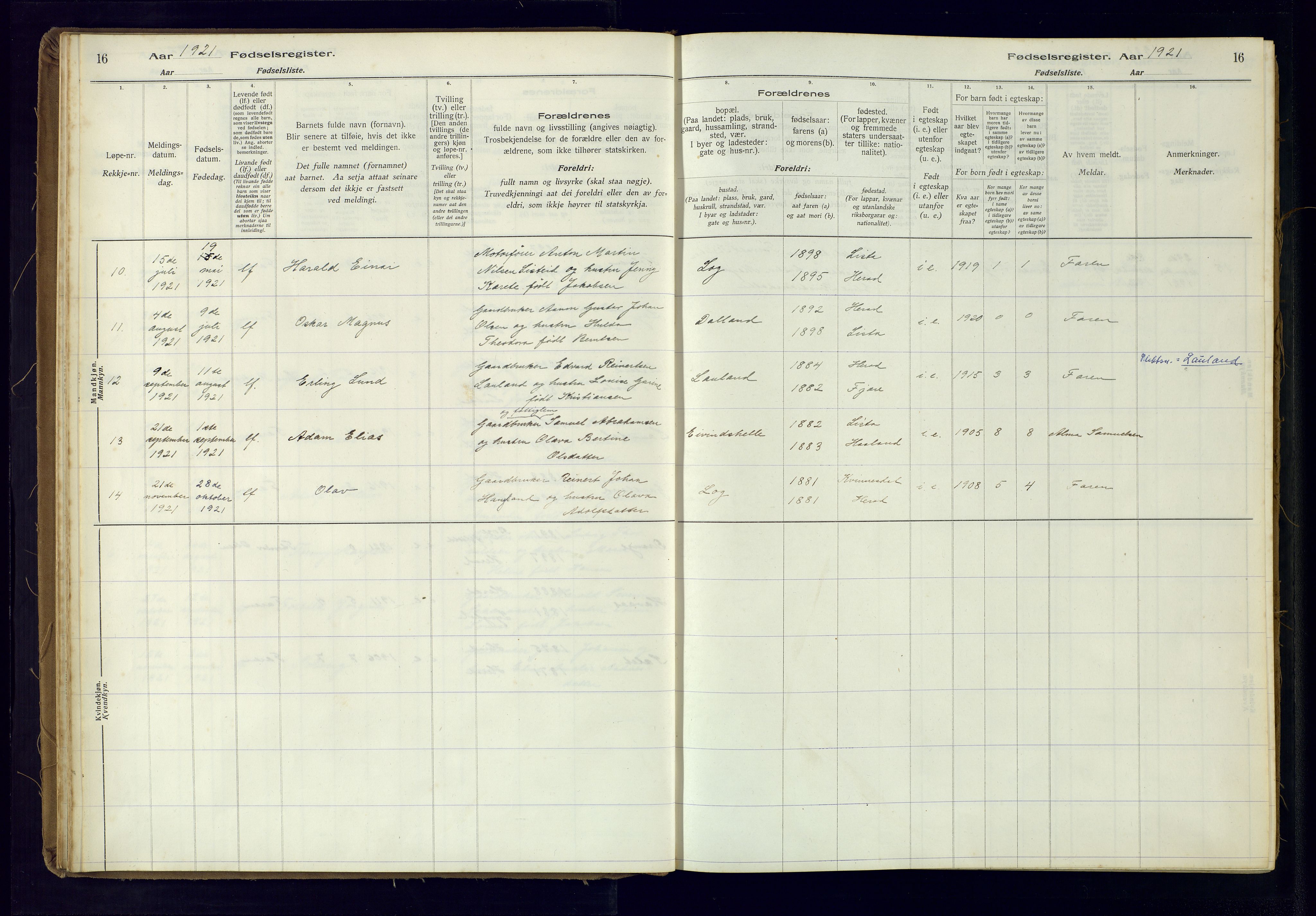 Herad sokneprestkontor, AV/SAK-1111-0018/J/Ja/L0001: Birth register no. A-VI-12, 1916-1981, p. 16