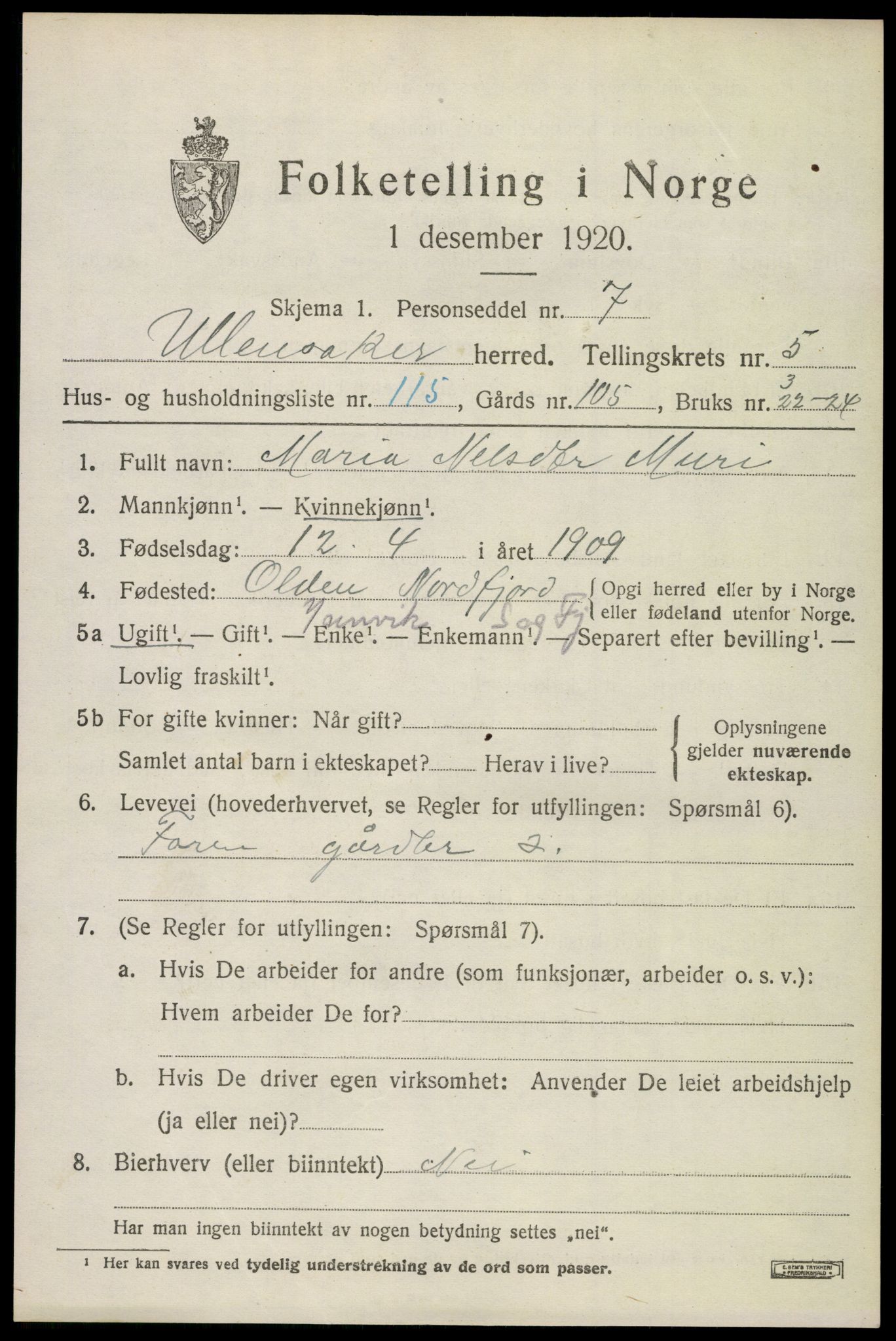 SAO, 1920 census for Ullensaker, 1920, p. 10443