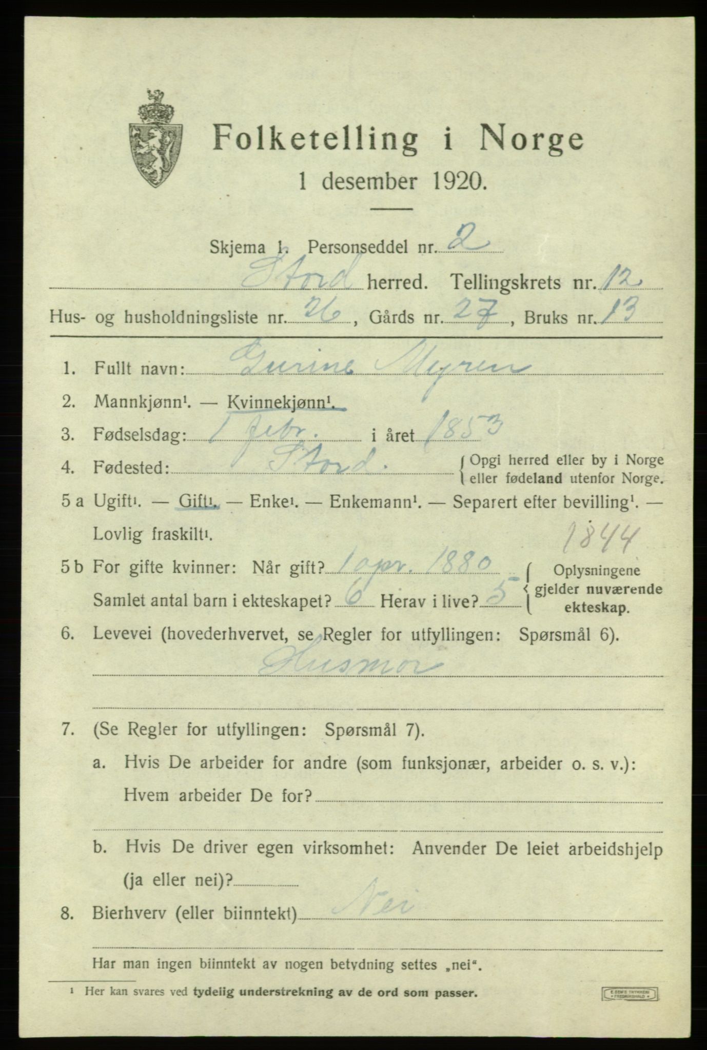 SAB, 1920 census for Stord, 1920, p. 7357