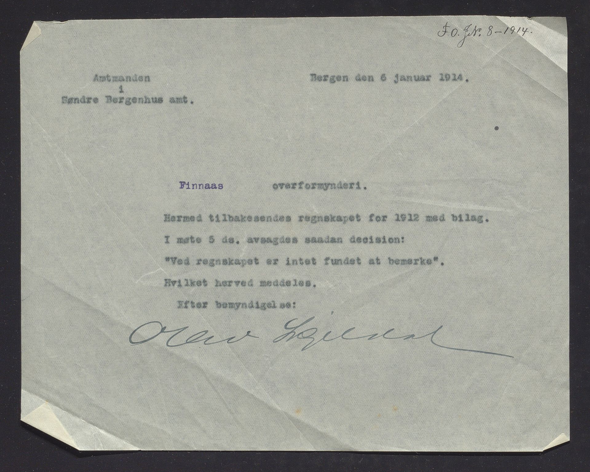 Finnaas kommune. Overformynderiet, IKAH/1218a-812/R/Ra/Raa/L0008/0006: Årlege rekneskap m/vedlegg / Årlege rekneskap m/vedlegg, 1912