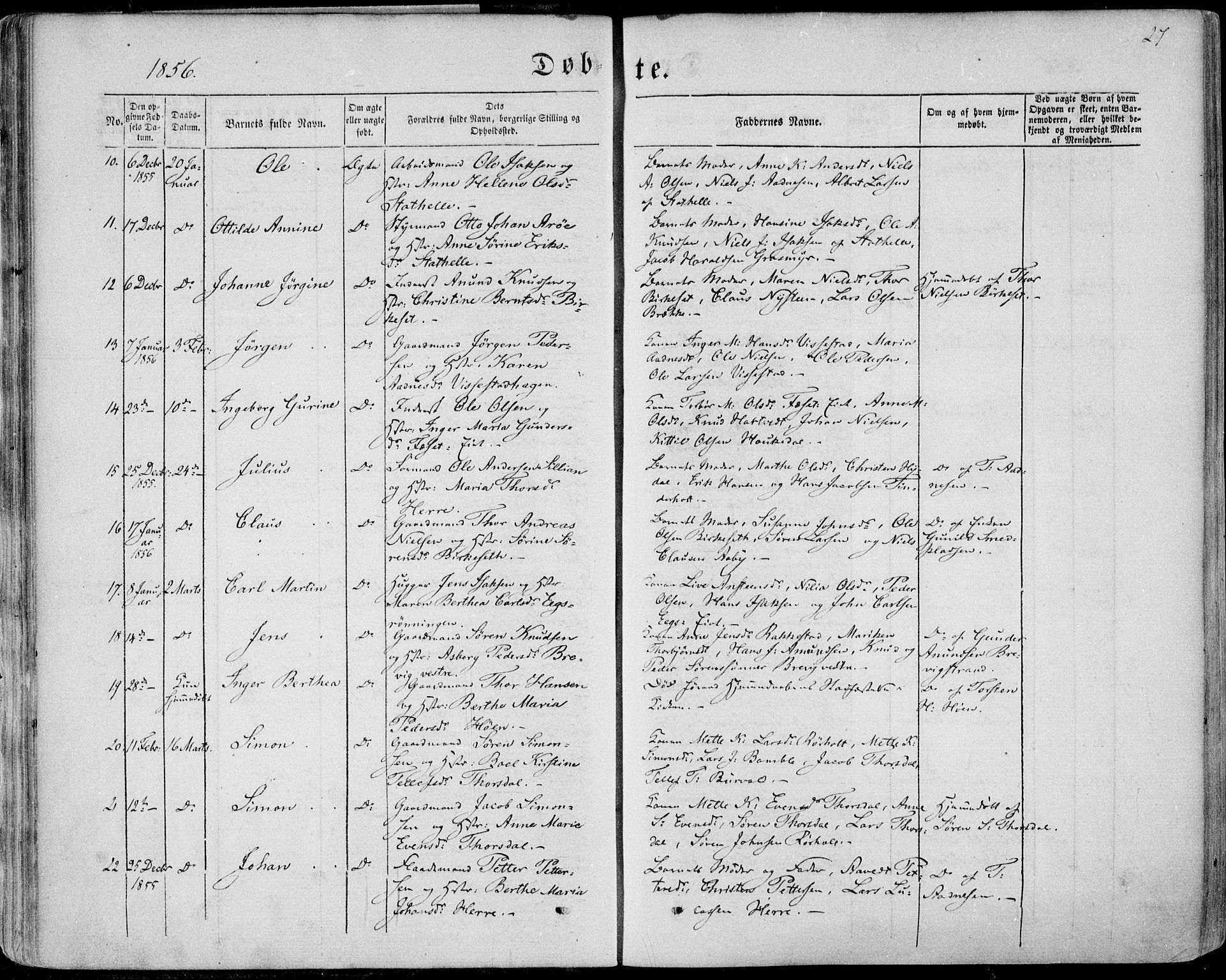 Bamble kirkebøker, SAKO/A-253/F/Fa/L0005: Parish register (official) no. I 5, 1854-1869, p. 27