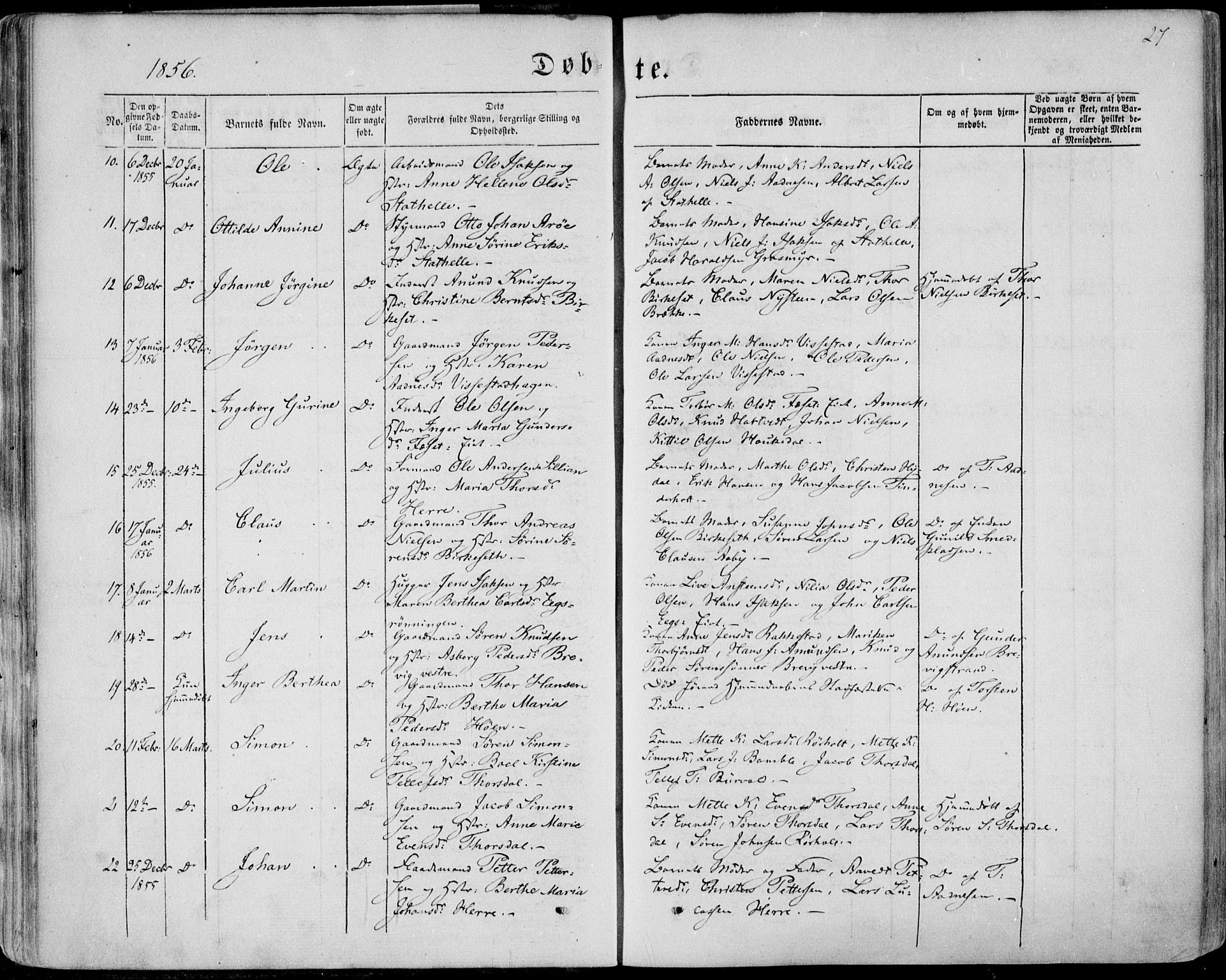 Bamble kirkebøker, AV/SAKO-A-253/F/Fa/L0005: Parish register (official) no. I 5, 1854-1869, p. 27