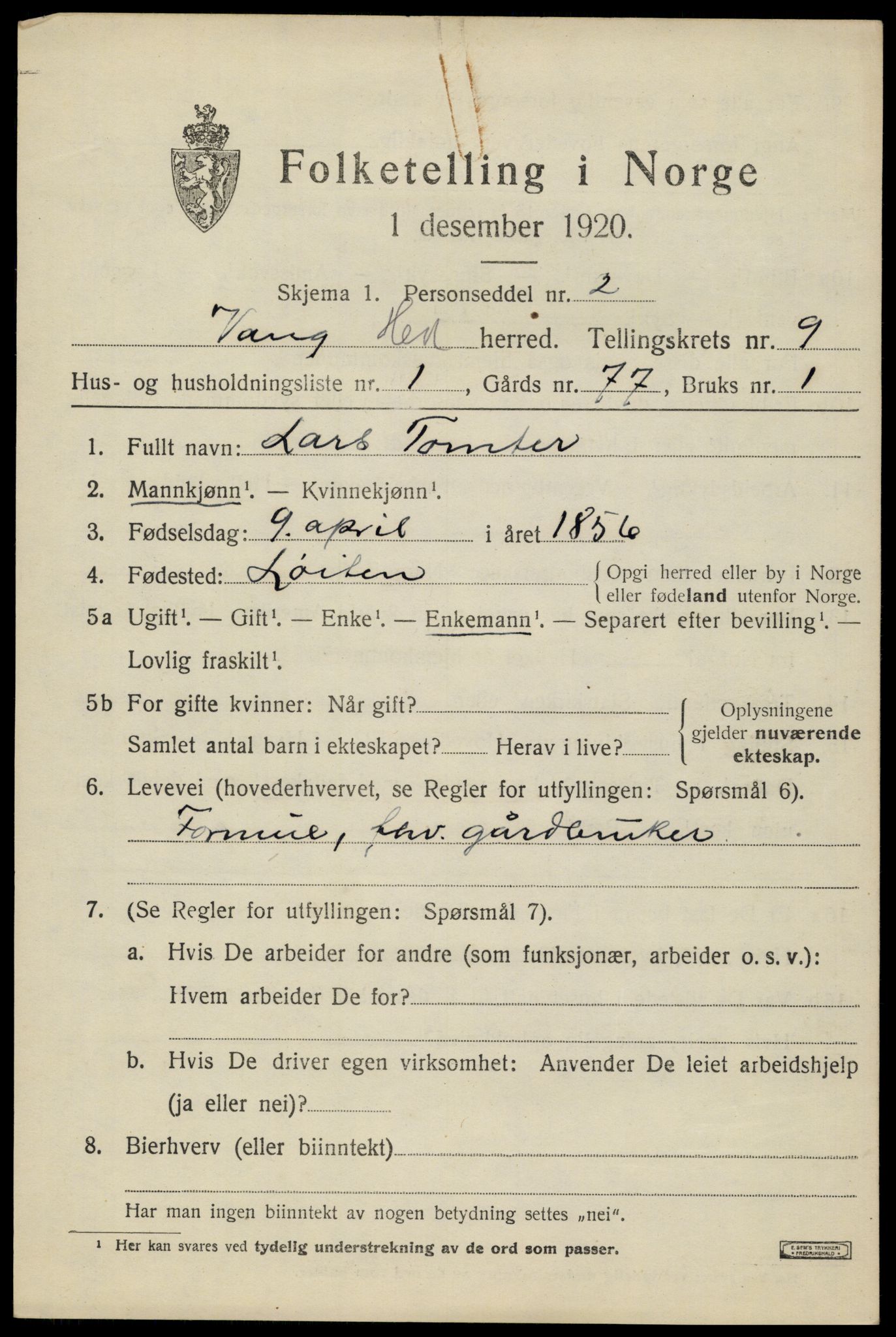 SAH, 1920 census for Vang (Hedmark), 1920, p. 18091