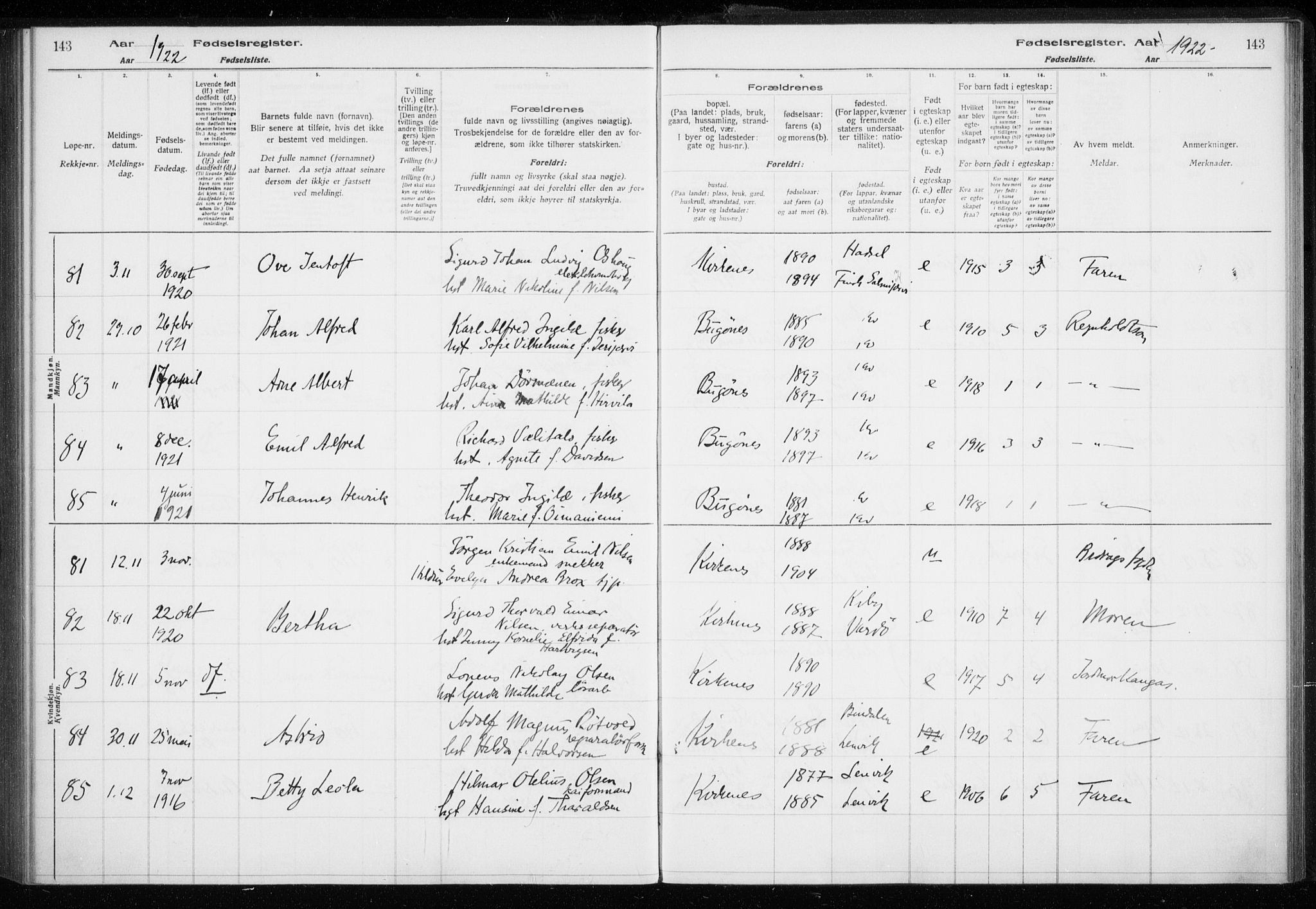 Sør-Varanger sokneprestkontor, AV/SATØ-S-1331/I/Ia/L0016: Birth register no. 16, 1915-1925, p. 143