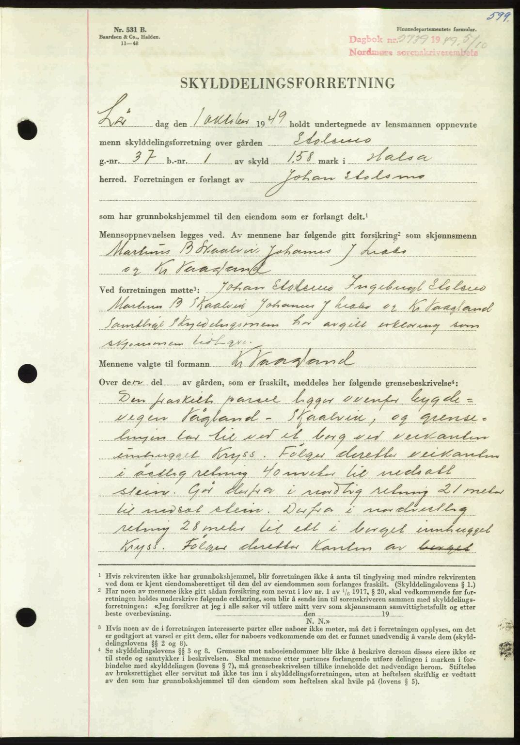 Nordmøre sorenskriveri, AV/SAT-A-4132/1/2/2Ca: Mortgage book no. A112, 1949-1949, Diary no: : 2739/1949