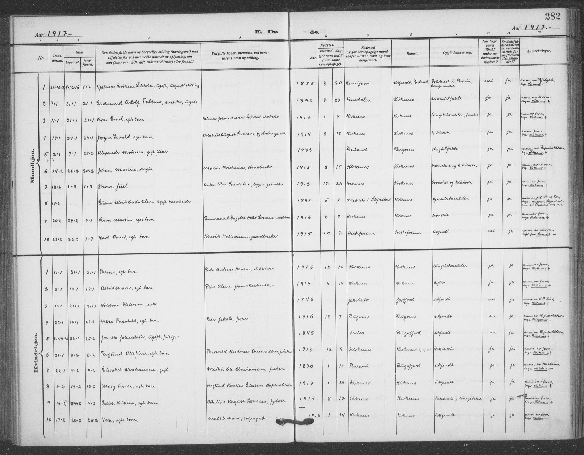 Sør-Varanger sokneprestkontor, AV/SATØ-S-1331/H/Ha/L0005kirke: Parish register (official) no. 5, 1909-1919, p. 282