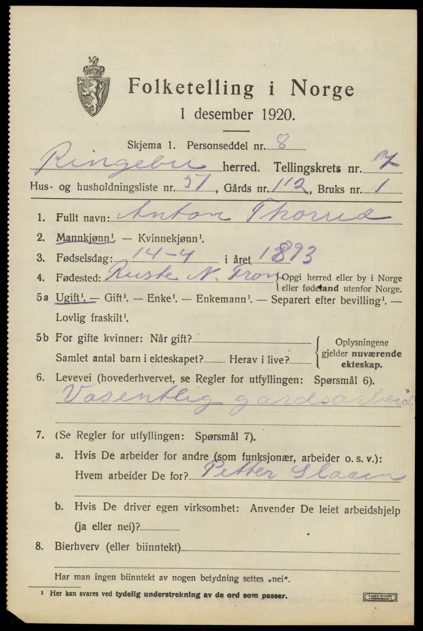 SAH, 1920 census for Ringebu, 1920, p. 8001