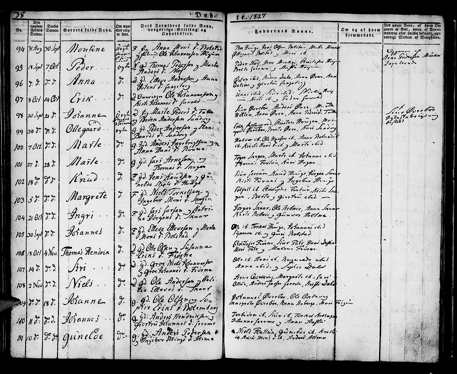 Luster sokneprestembete, SAB/A-81101/H/Haa/Haaa/L0004: Parish register (official) no. A 4, 1821-1832, p. 38
