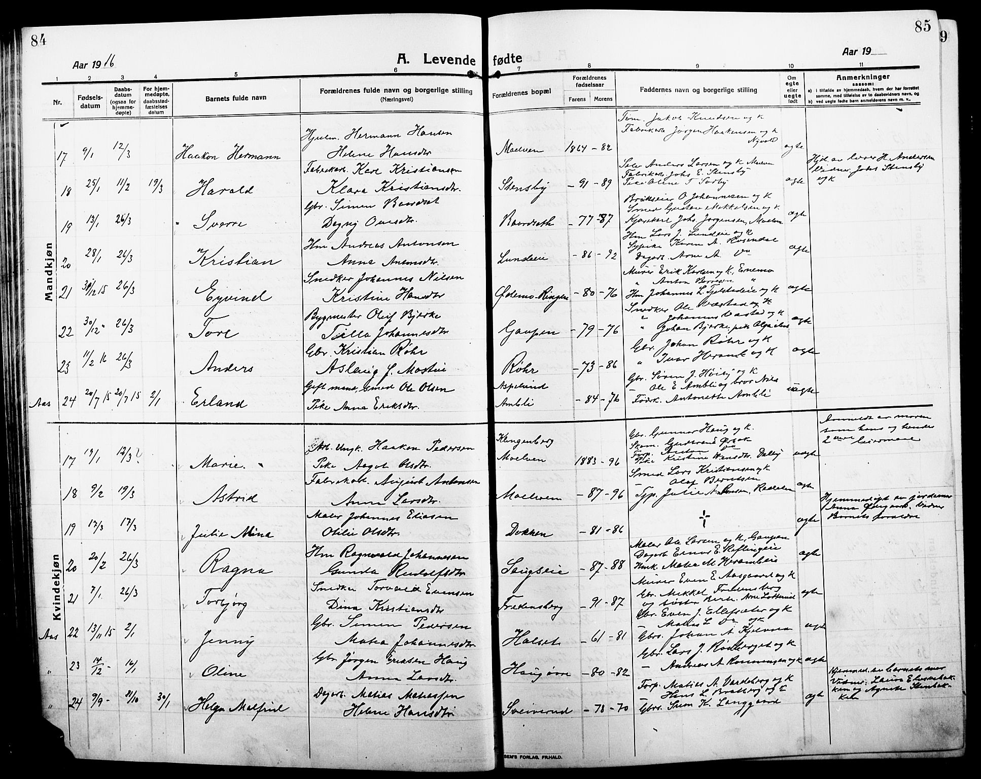 Ringsaker prestekontor, AV/SAH-PREST-014/L/La/L0018: Parish register (copy) no. 18, 1913-1922, p. 84-85