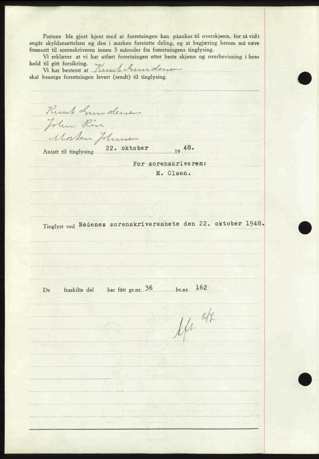 Nedenes sorenskriveri, AV/SAK-1221-0006/G/Gb/Gba/L0059: Mortgage book no. A11, 1948-1948, Diary no: : 1513/1948