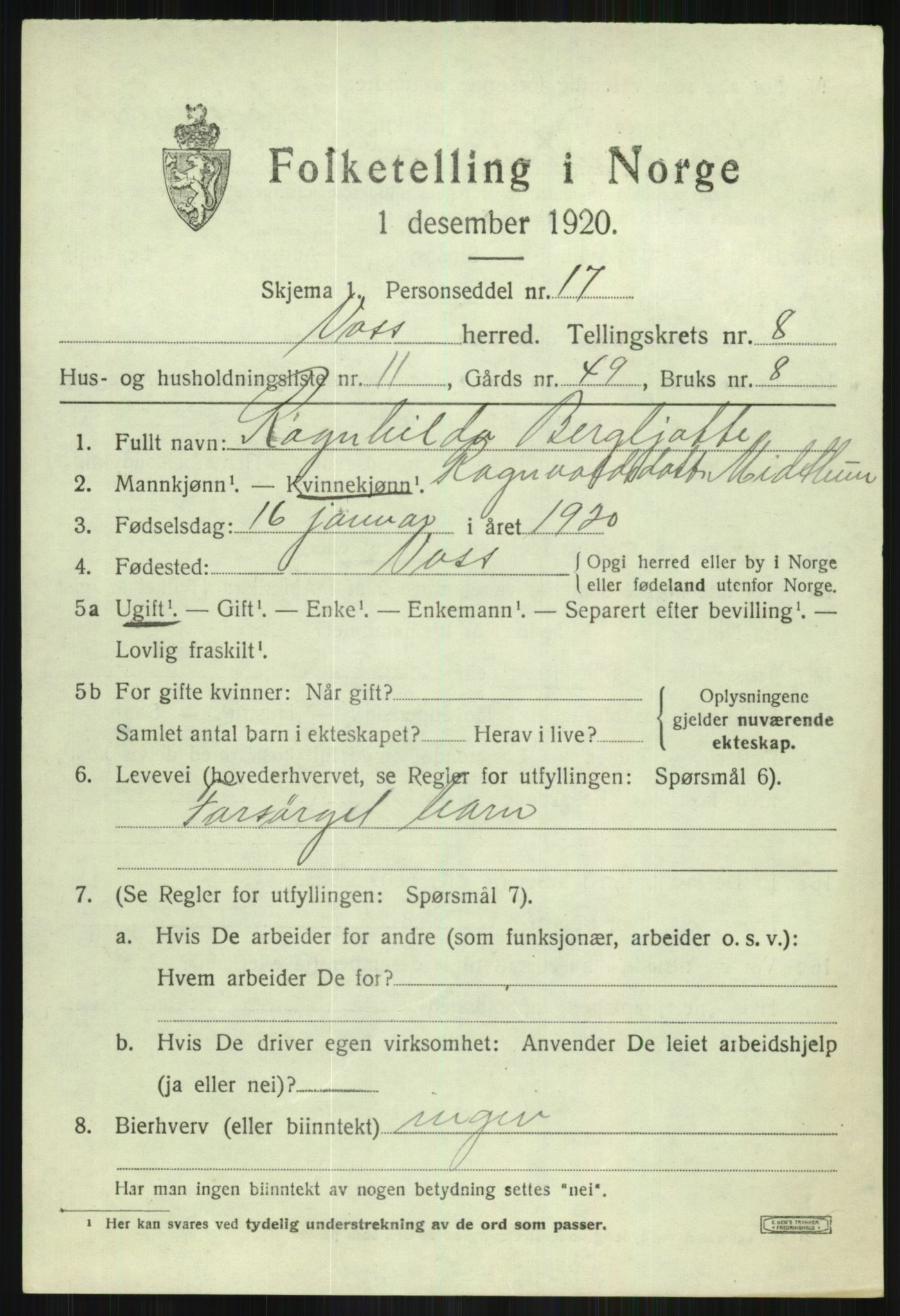 SAB, 1920 census for Voss, 1920, p. 7907