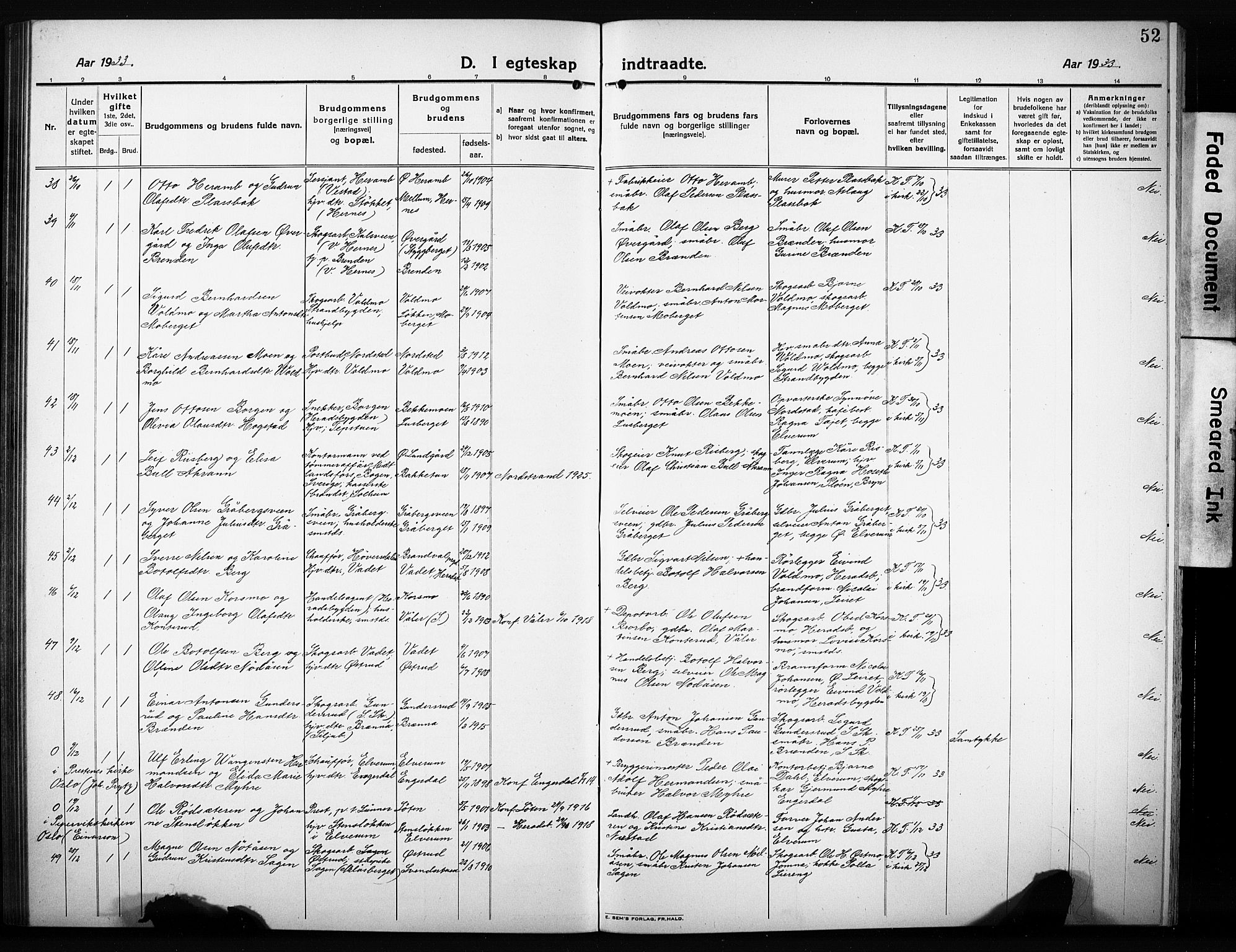 Elverum prestekontor, AV/SAH-PREST-044/H/Ha/Hab/L0014: Parish register (copy) no. 14, 1922-1933, p. 52