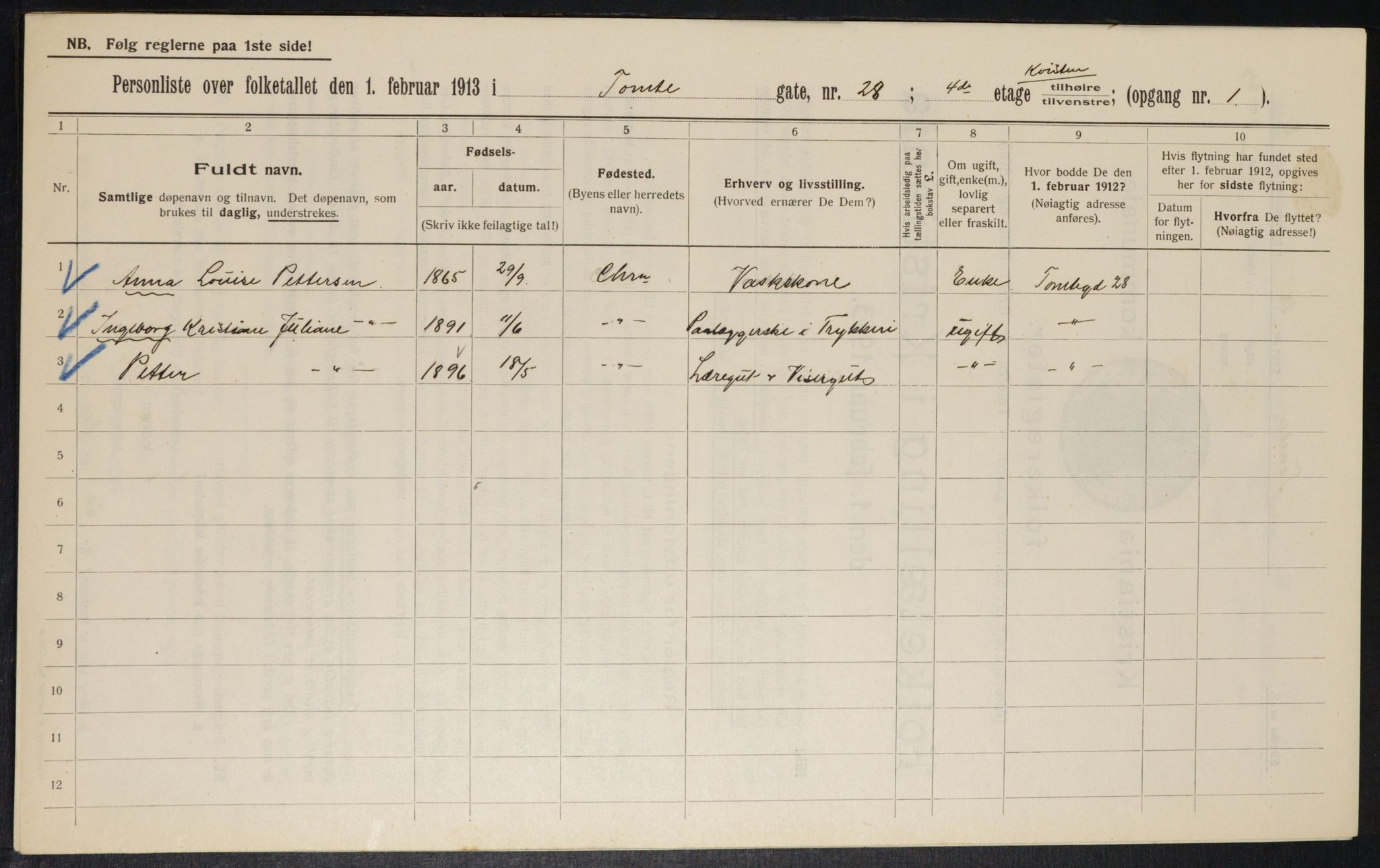 OBA, Municipal Census 1913 for Kristiania, 1913, p. 113699