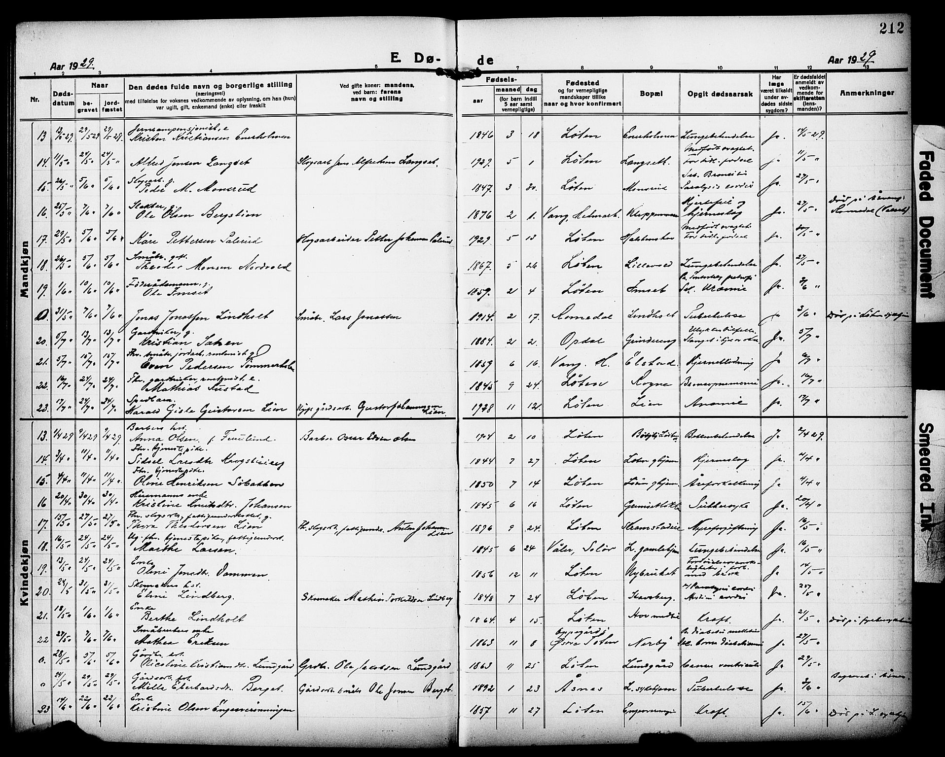 Løten prestekontor, SAH/PREST-022/L/La/L0008: Parish register (copy) no. 8, 1920-1929, p. 212