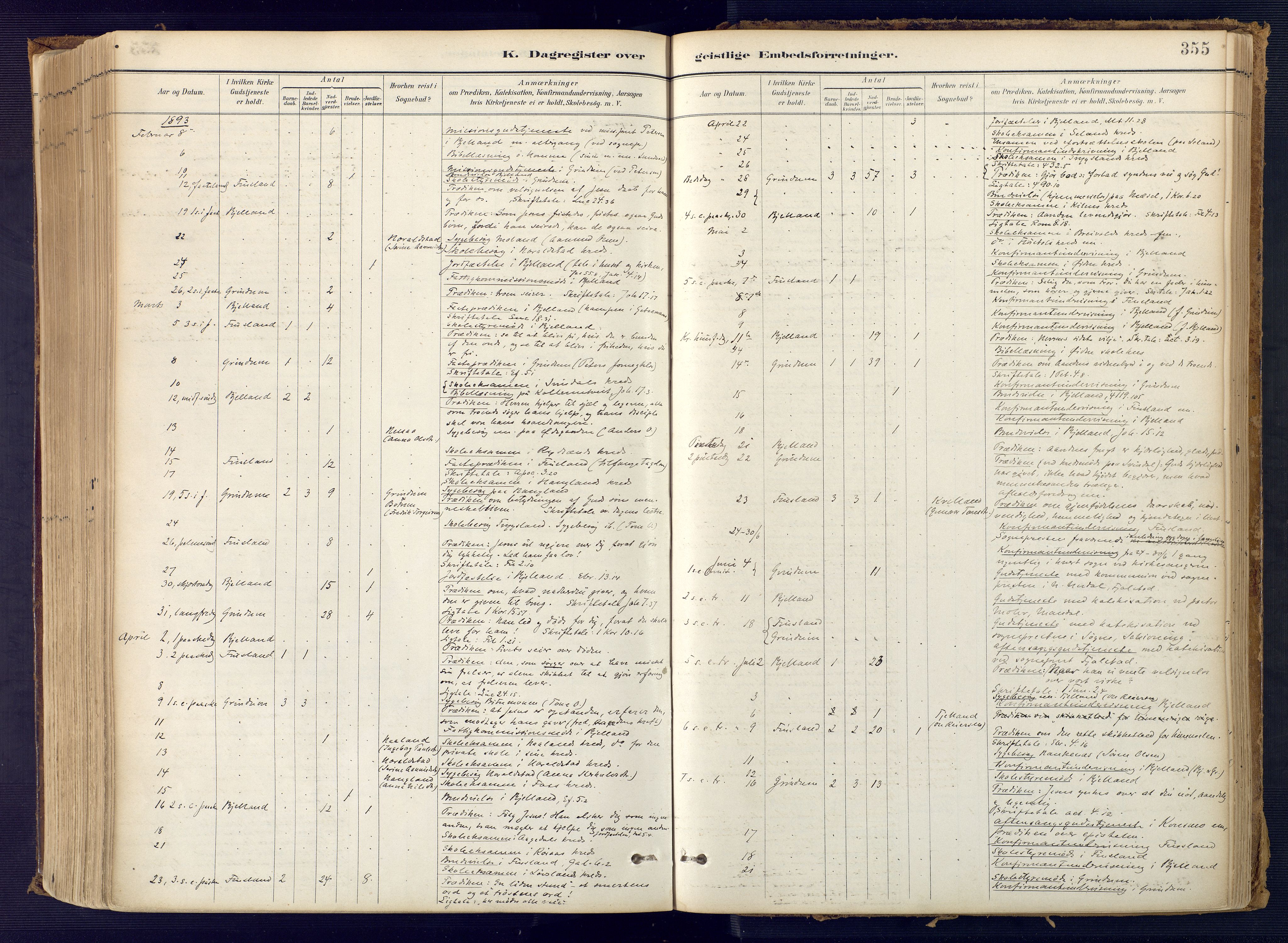 Bjelland sokneprestkontor, AV/SAK-1111-0005/F/Fa/Faa/L0004: Parish register (official) no. A 4, 1887-1923, p. 355