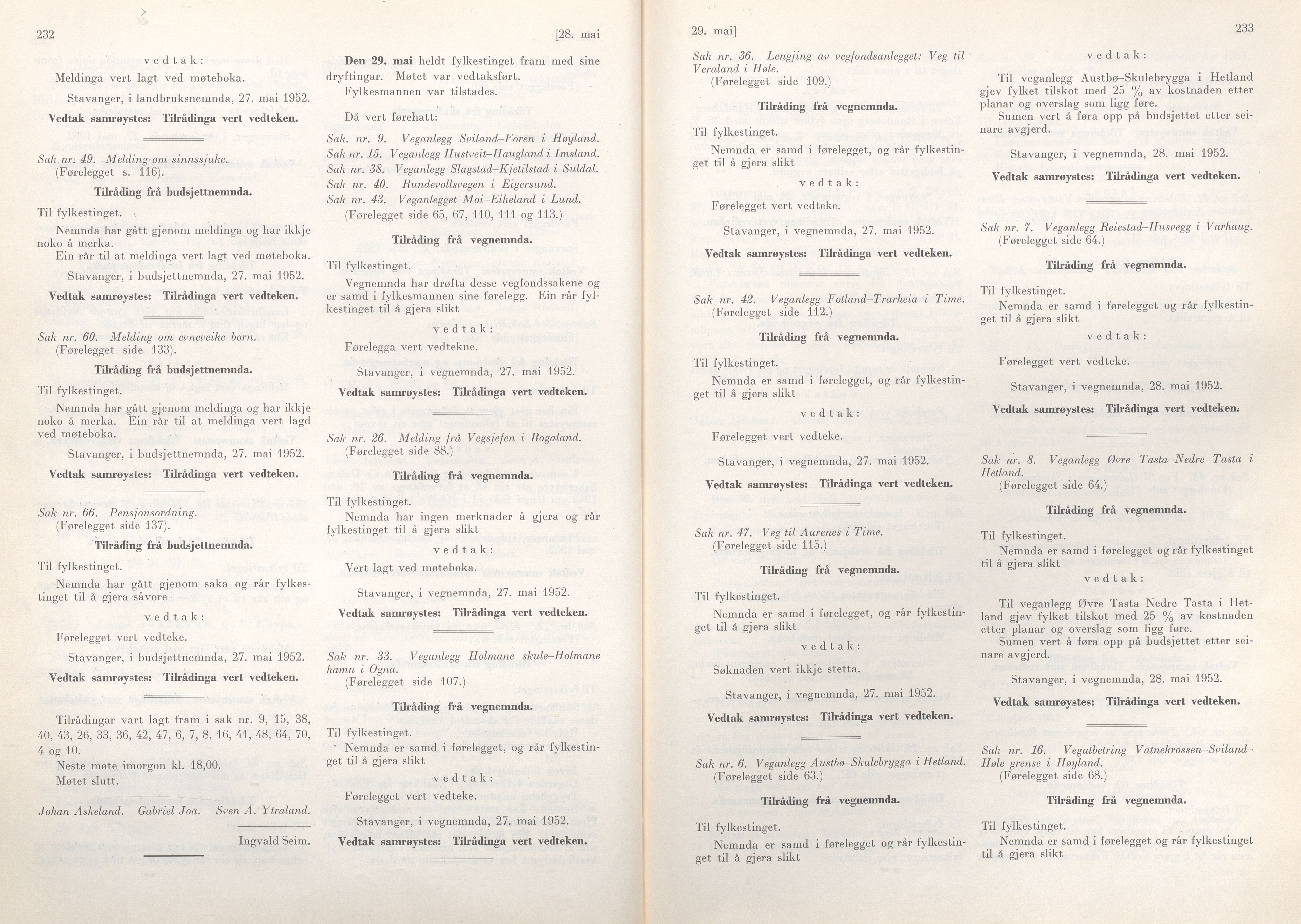 Rogaland fylkeskommune - Fylkesrådmannen , IKAR/A-900/A/Aa/Aaa/L0071: Møtebok , 1952, p. 232-233